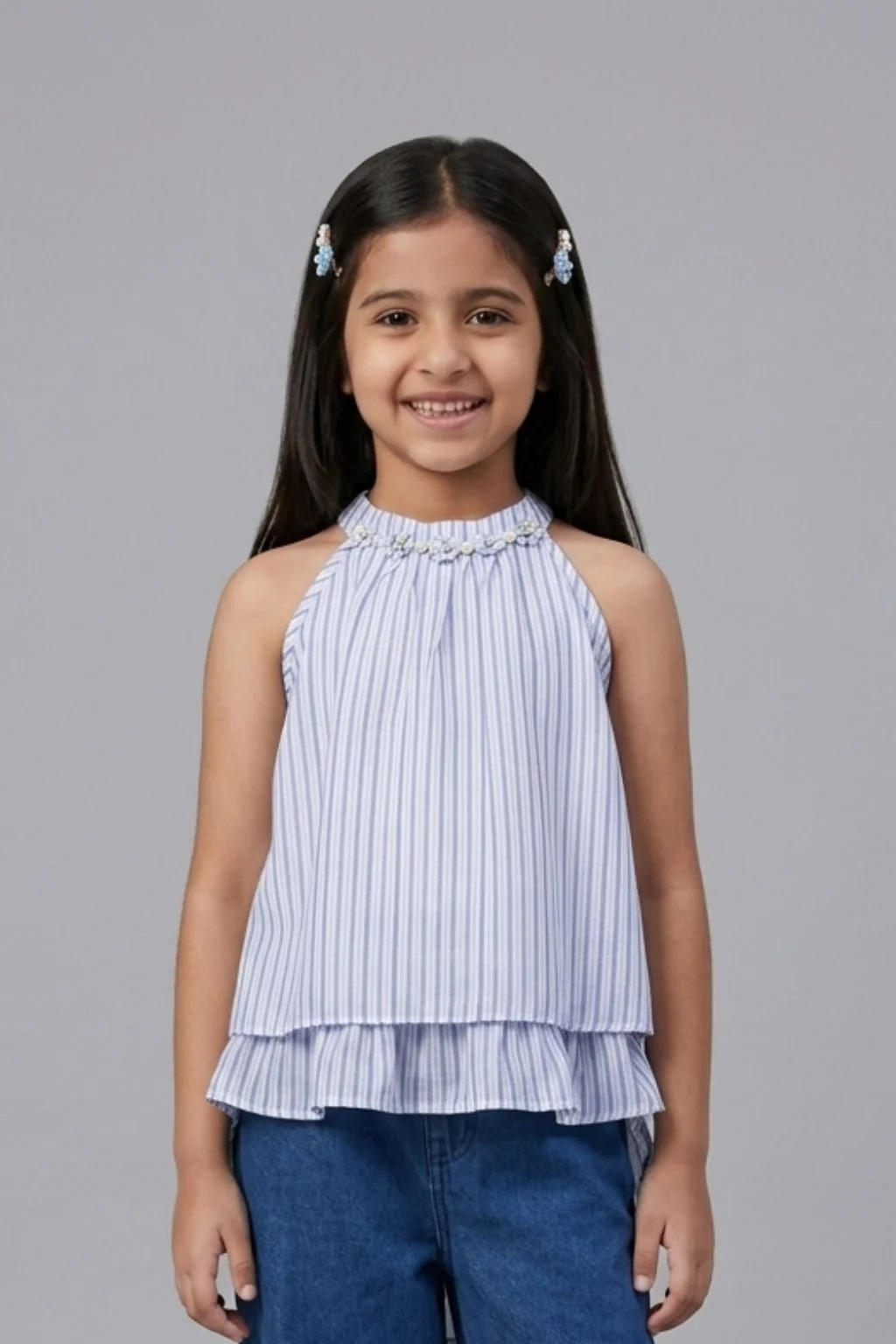 Blue Stripe Halter Neck Layered Top TG6000