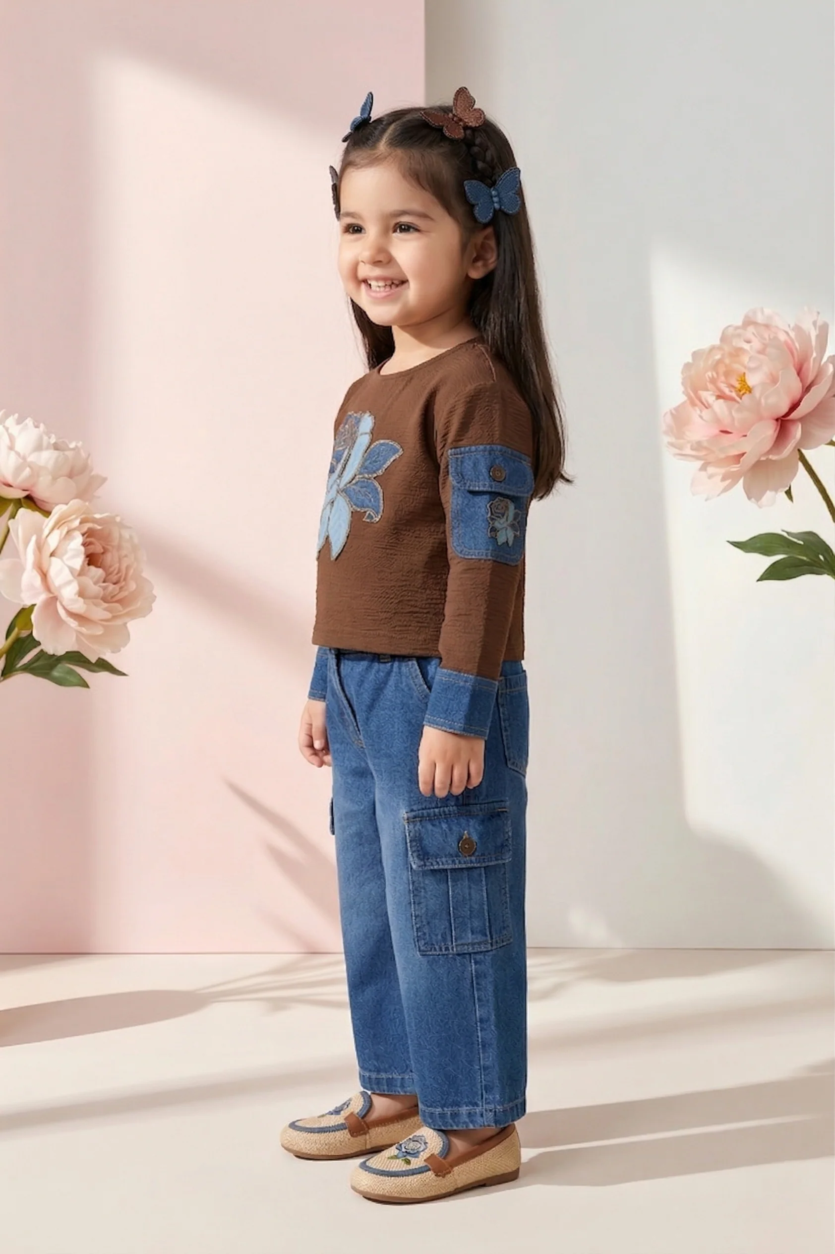 Brown Floral Top & Denim Cargo Pants Set TSSET40566 - Image 3