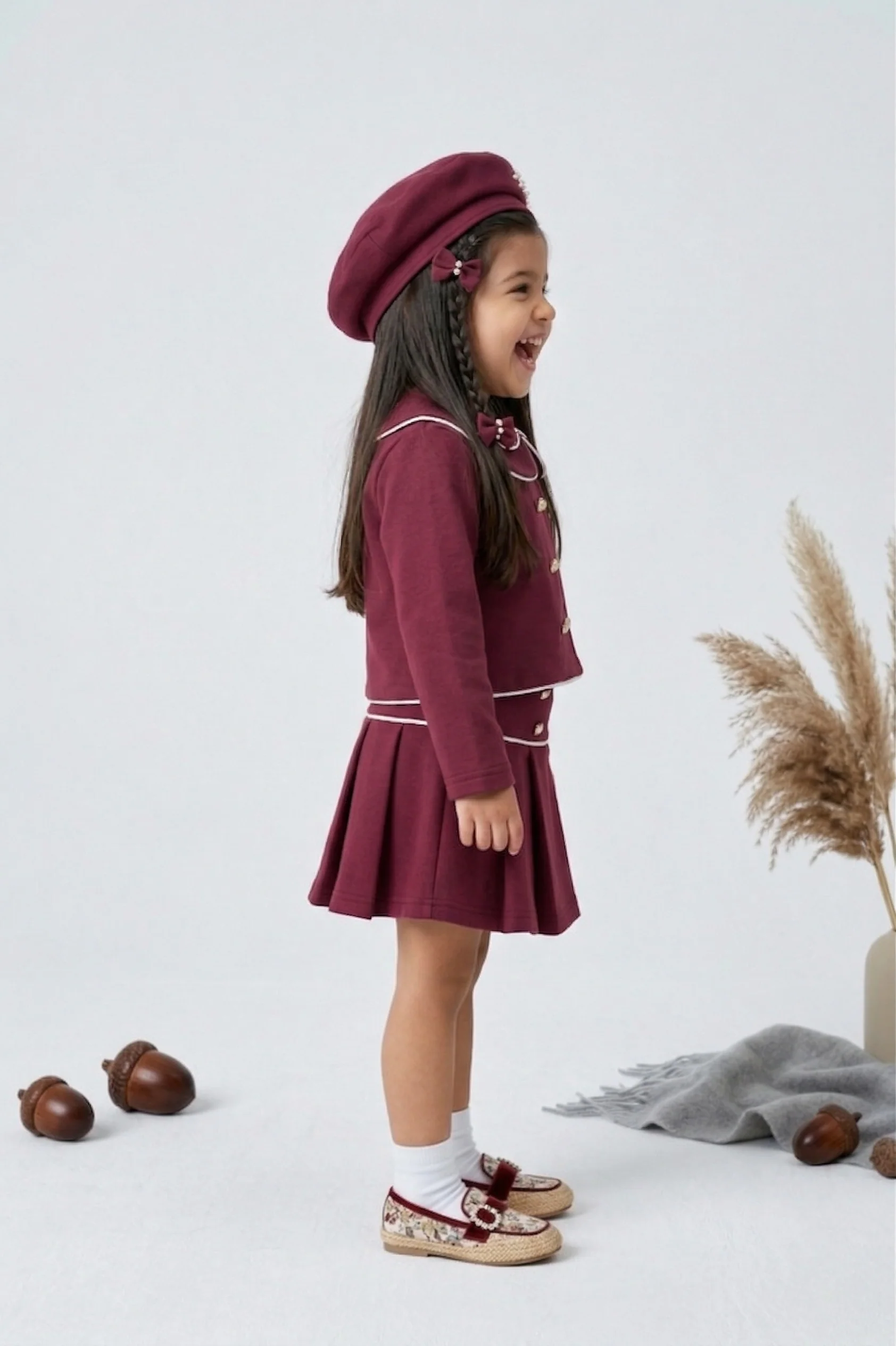 Burgundy Sailor Collar Jacket & Pleated Skirt Set TSSET40553 - Image 4