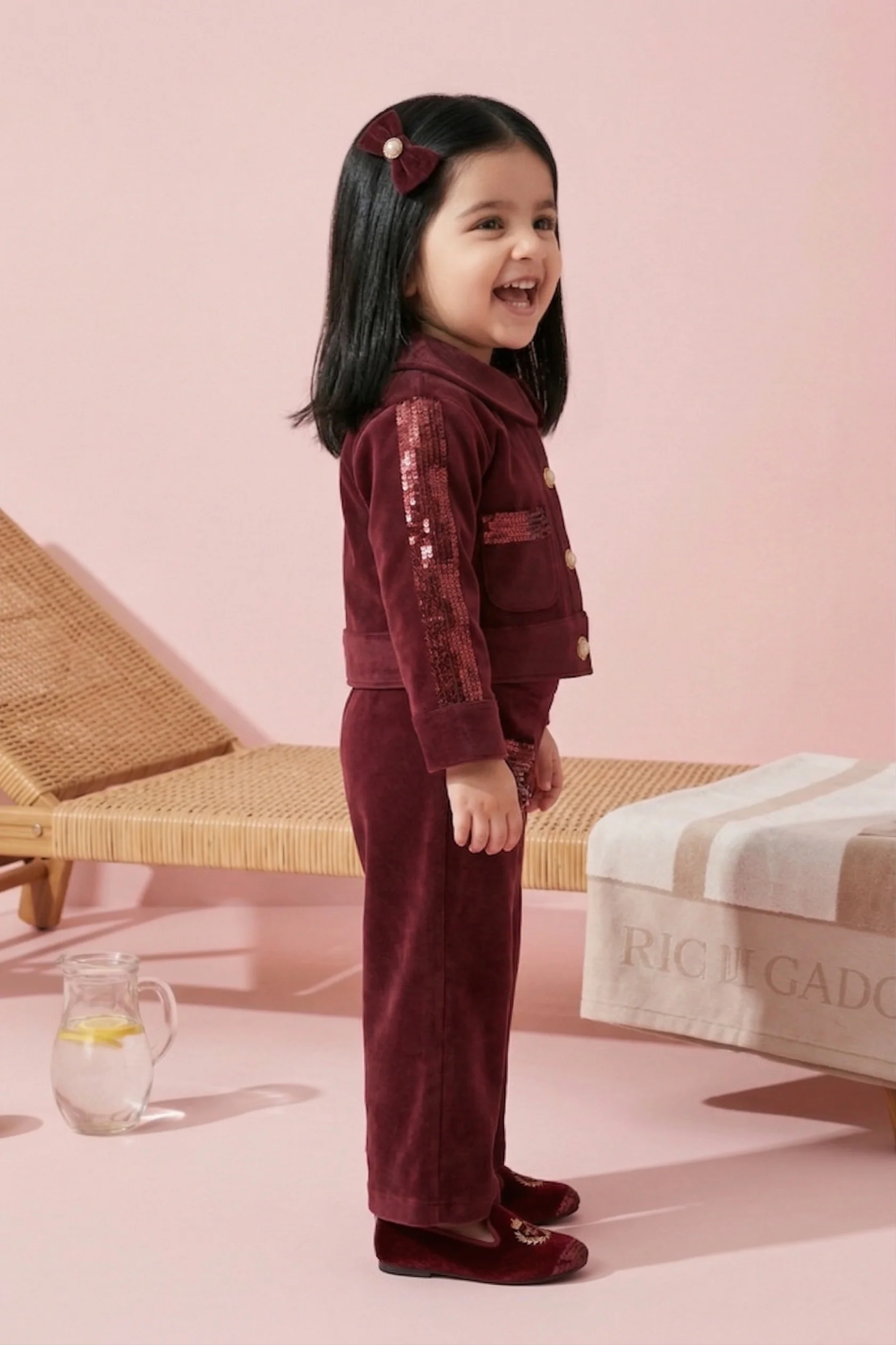 Burgundy Sequin Detail Jacket & Flared Pants Set TSSET0554 - Image 4