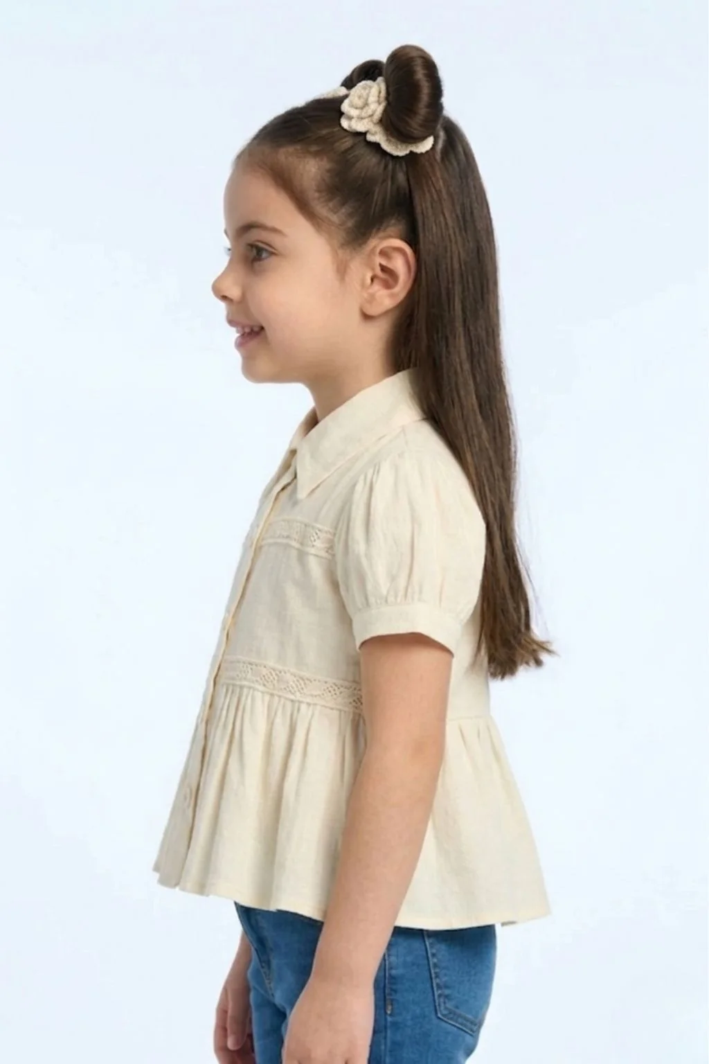 Cream Button-Down Peplum Top with Puff Sleeves TG6379 - Image 3
