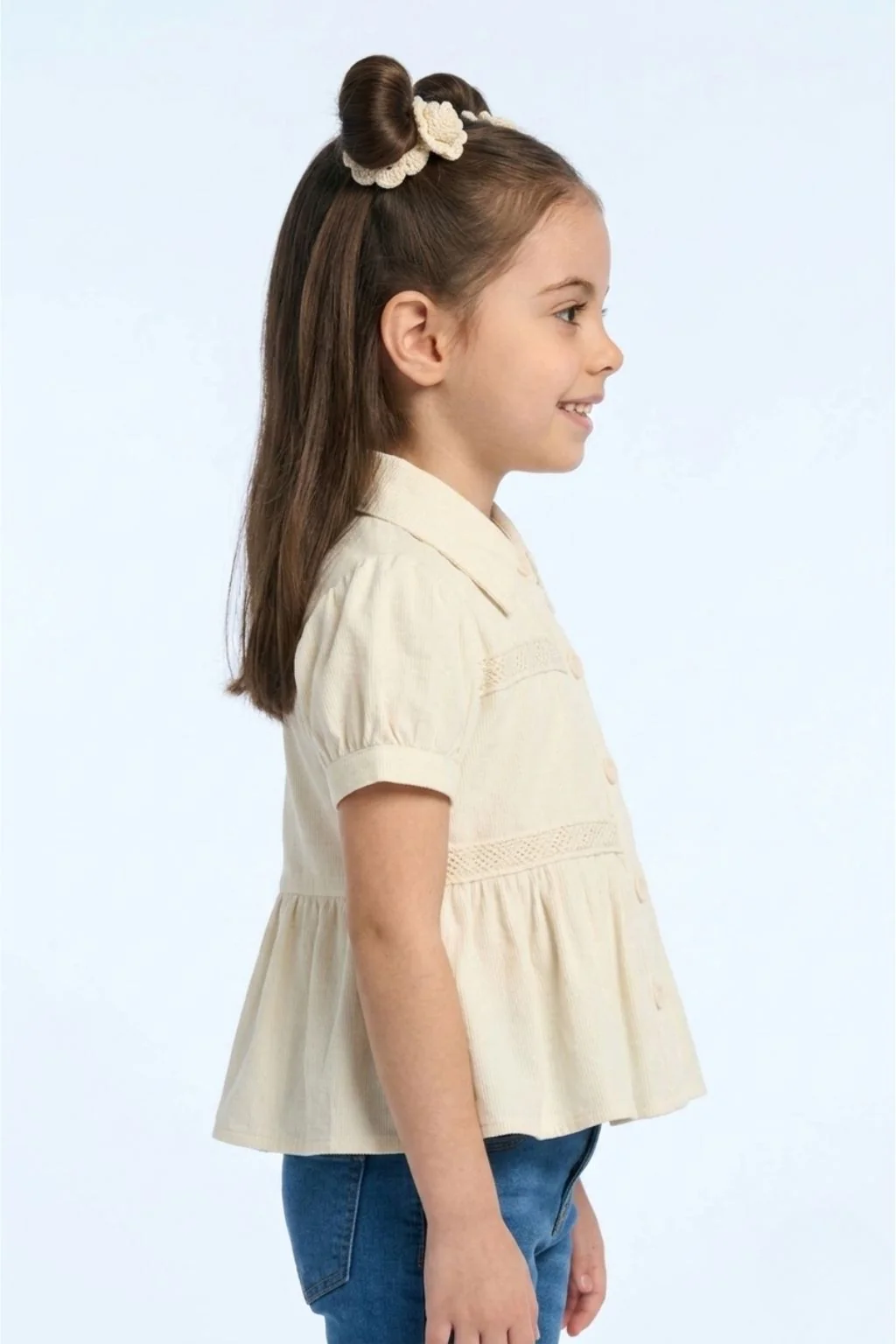 Cream Button-Down Peplum Top with Puff Sleeves TG6379 - Image 4