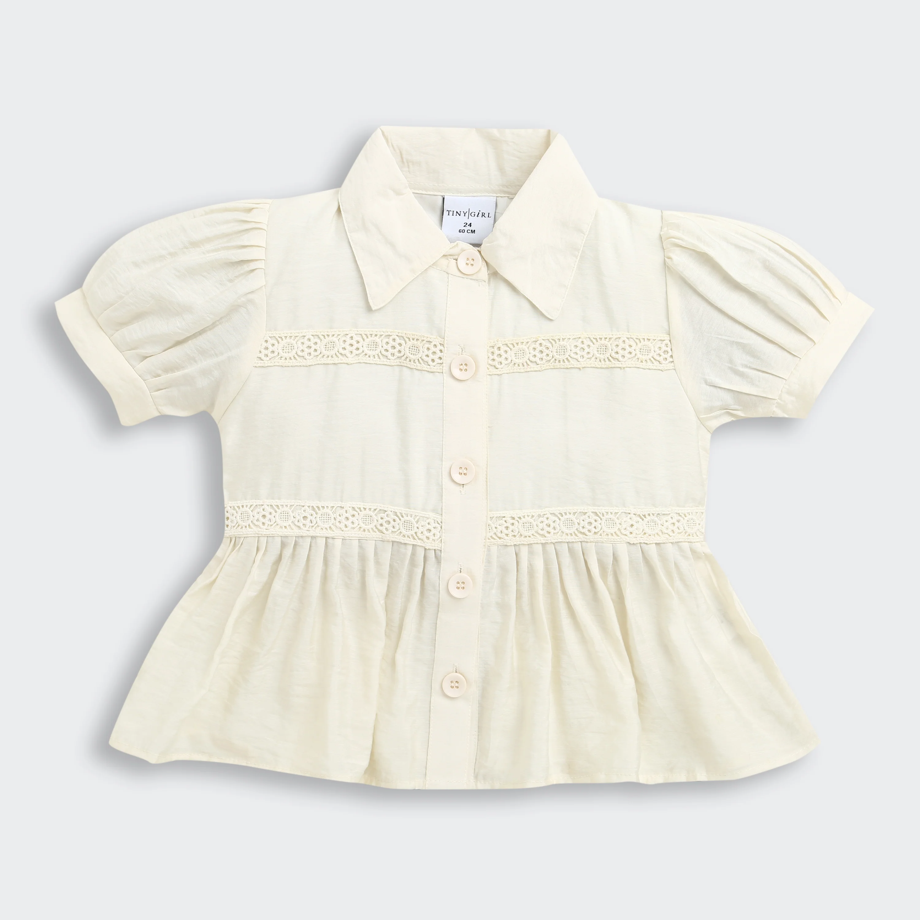 Cream Button-Down Peplum Top with Puff Sleeves TG6379 - Image 5