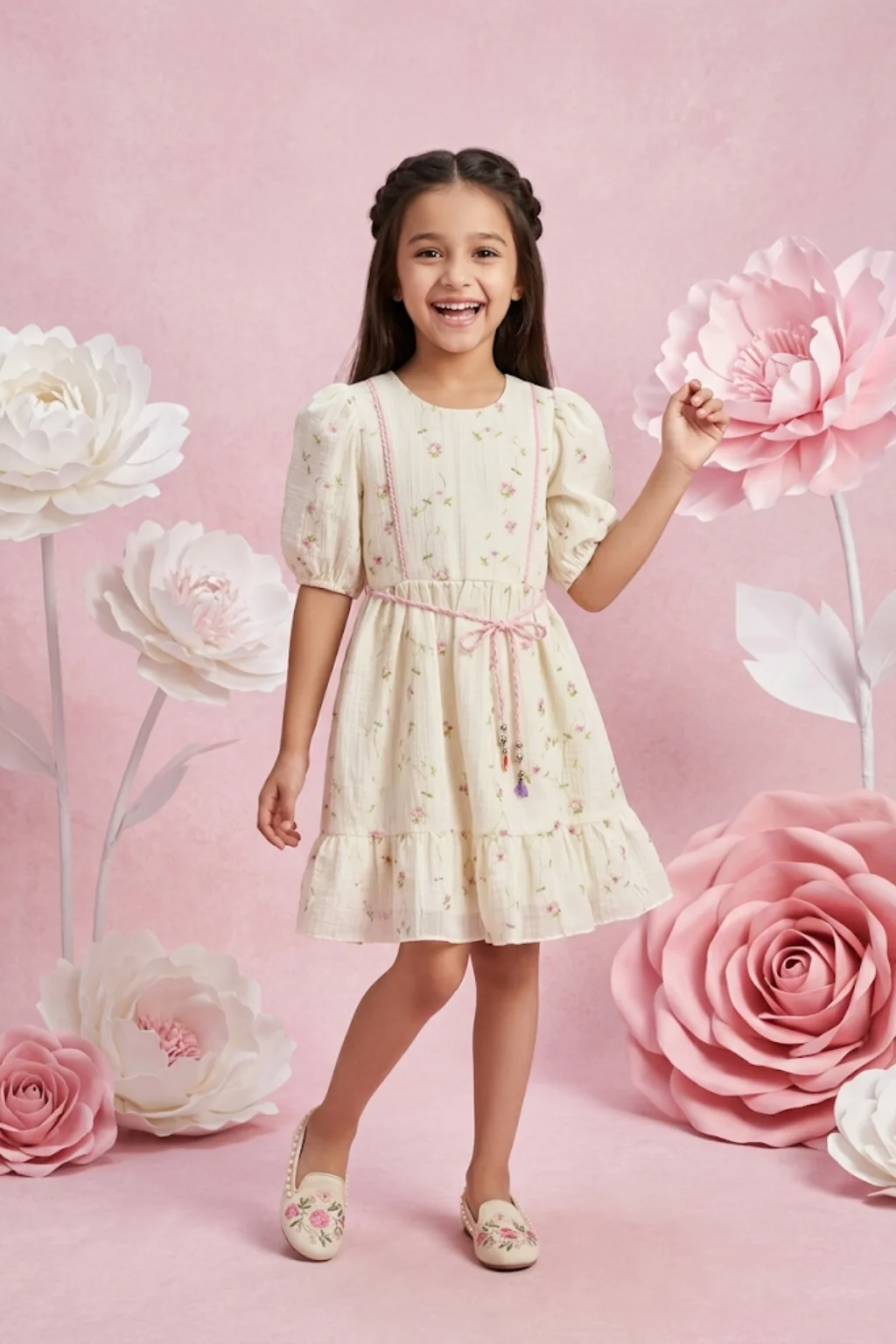 Cream Floral Cotton Dress with Puff Sleeves M2588