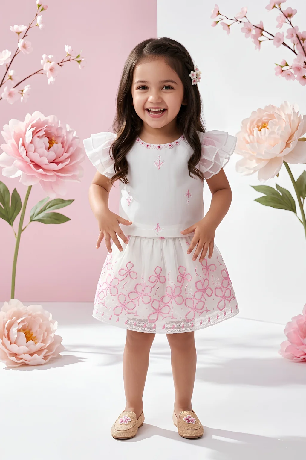 Cream Floral Embroidered Party Dress TSSET40598