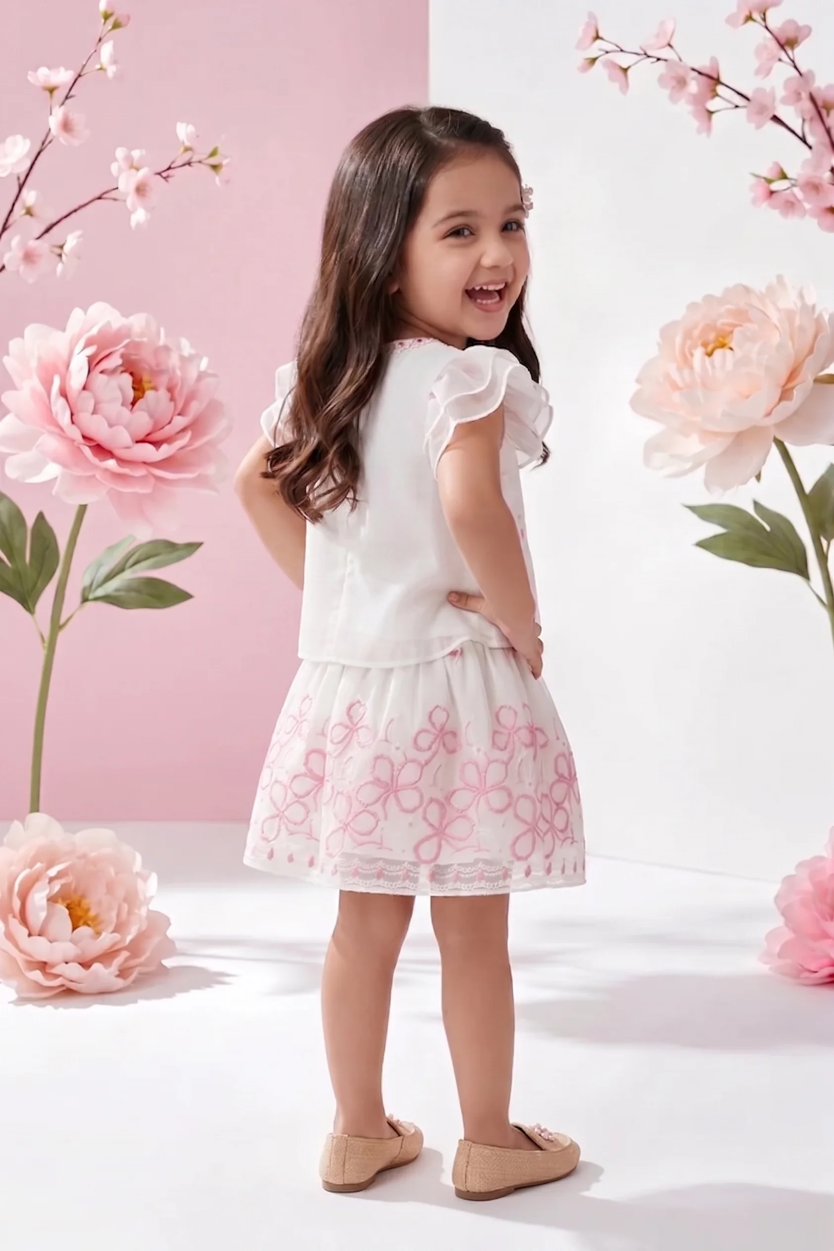 Cream Floral Embroidered Party Dress TSSET40598 - Image 2