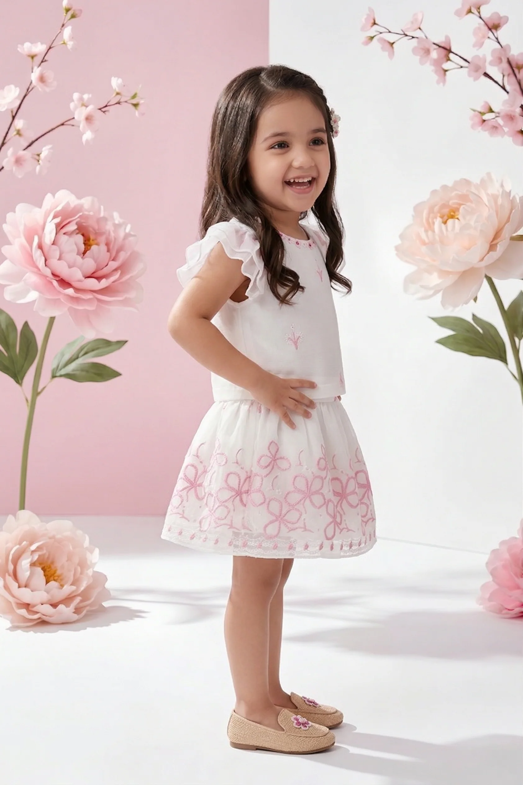 Cream Floral Embroidered Party Dress TSSET40598 - Image 3