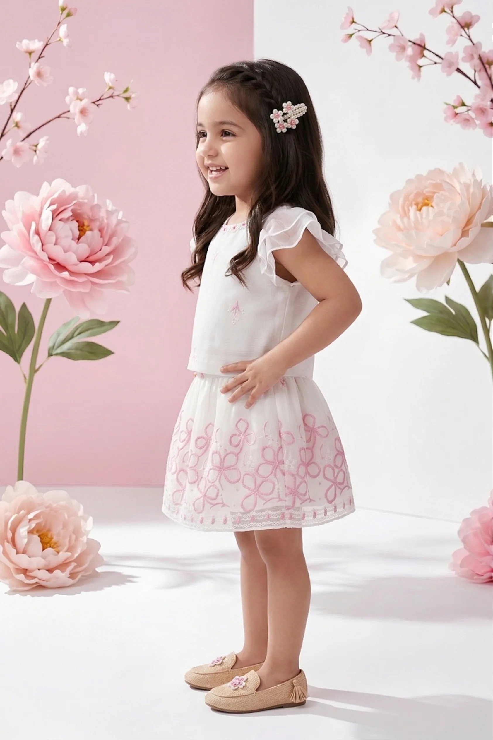 Cream Floral Embroidered Party Dress TSSET40598 - Image 4