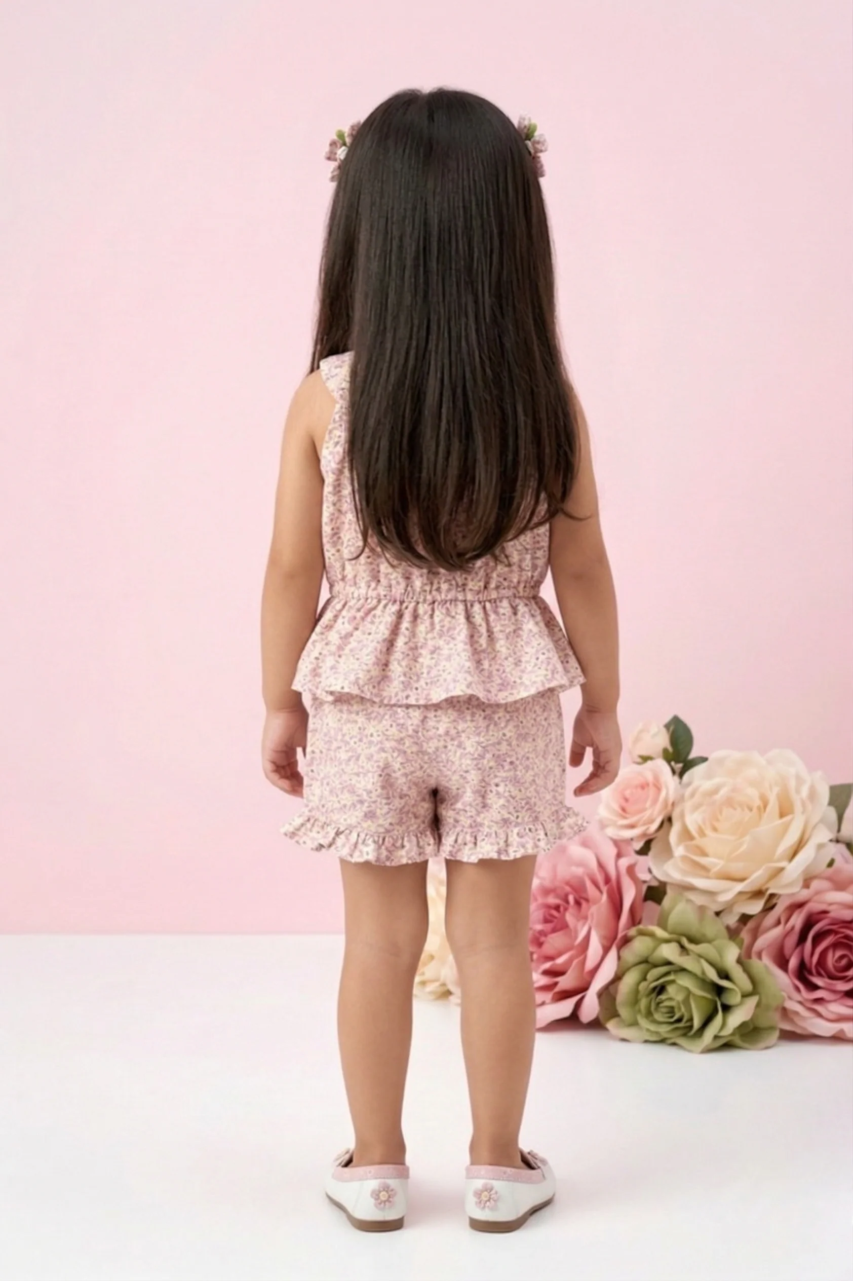 Cream Floral Peplum Top & Ruffle Shorts Set TSSET40225 - Image 2