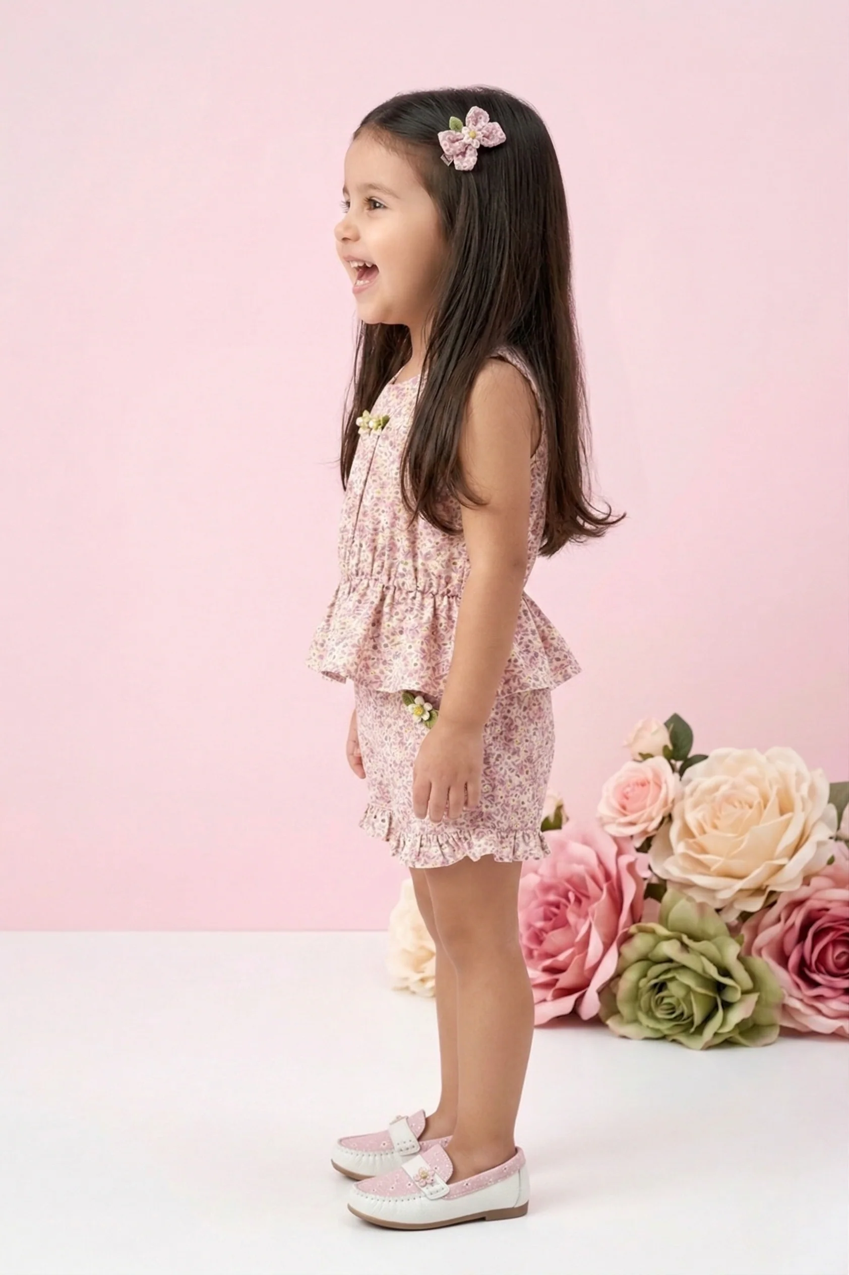 Cream Floral Peplum Top & Ruffle Shorts Set TSSET40225 - Image 3