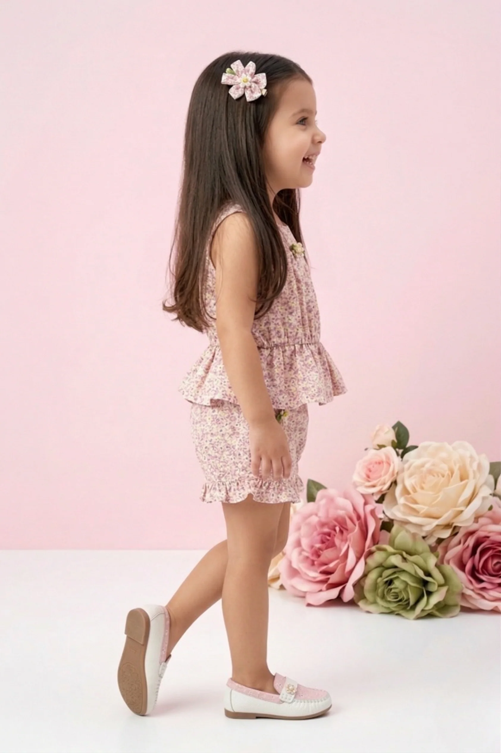 Cream Floral Peplum Top & Ruffle Shorts Set TSSET40225 - Image 4