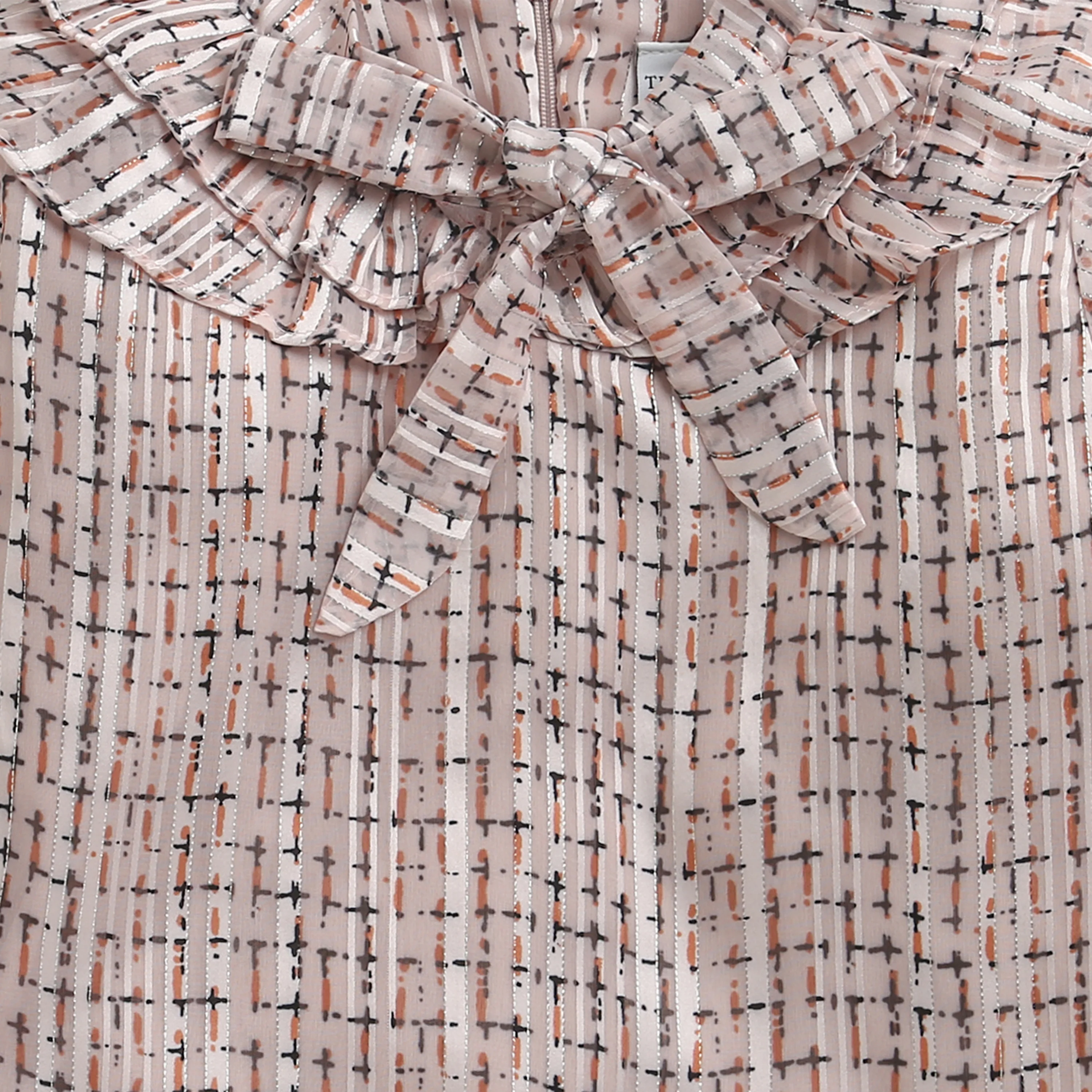 Cream Printed Bow Neck Ruffle Top TG6055 - Image 8