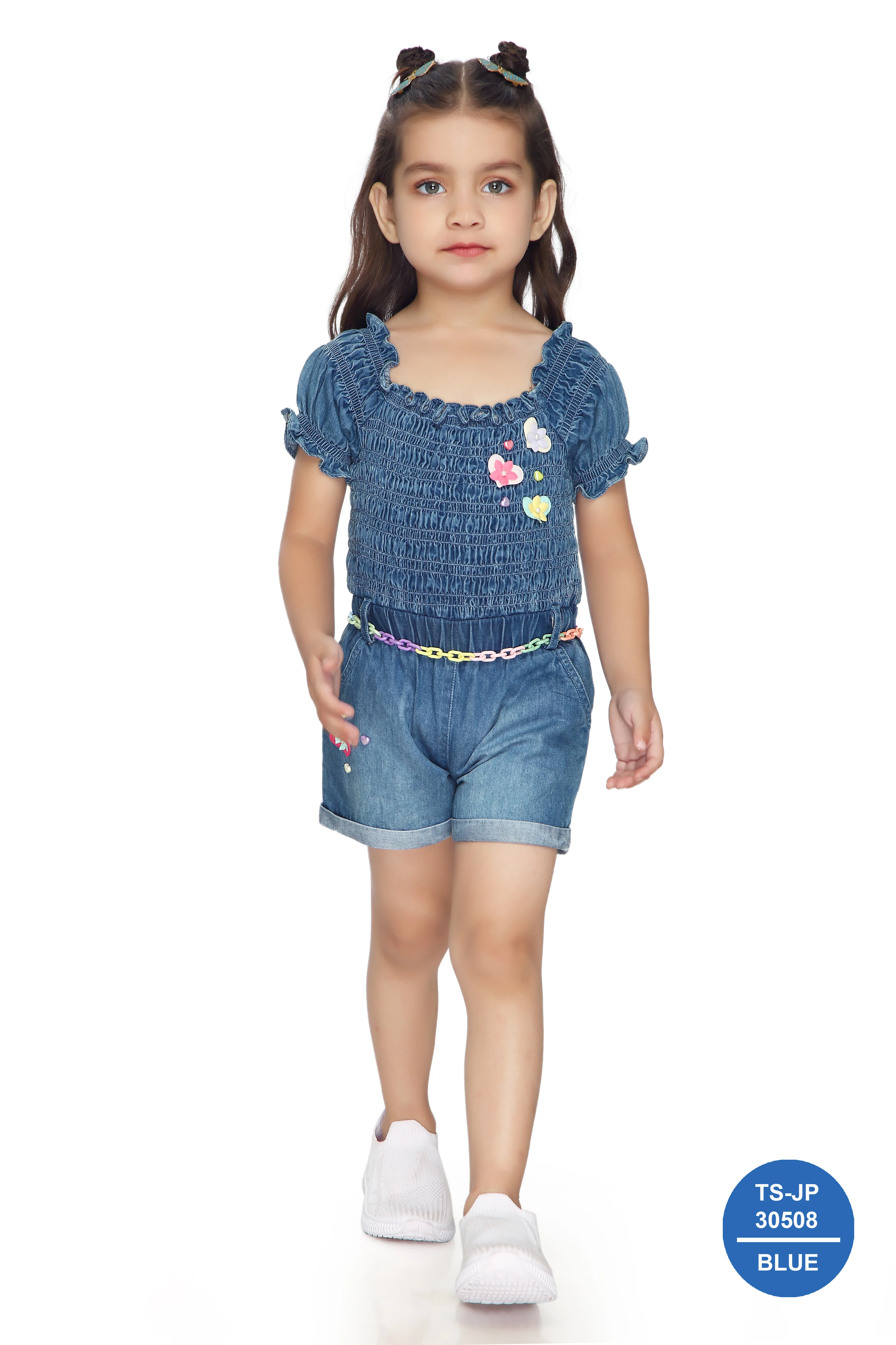 Denim Smocked Soild Playsuit Detailed with Heart TSJP30508 - Image 5