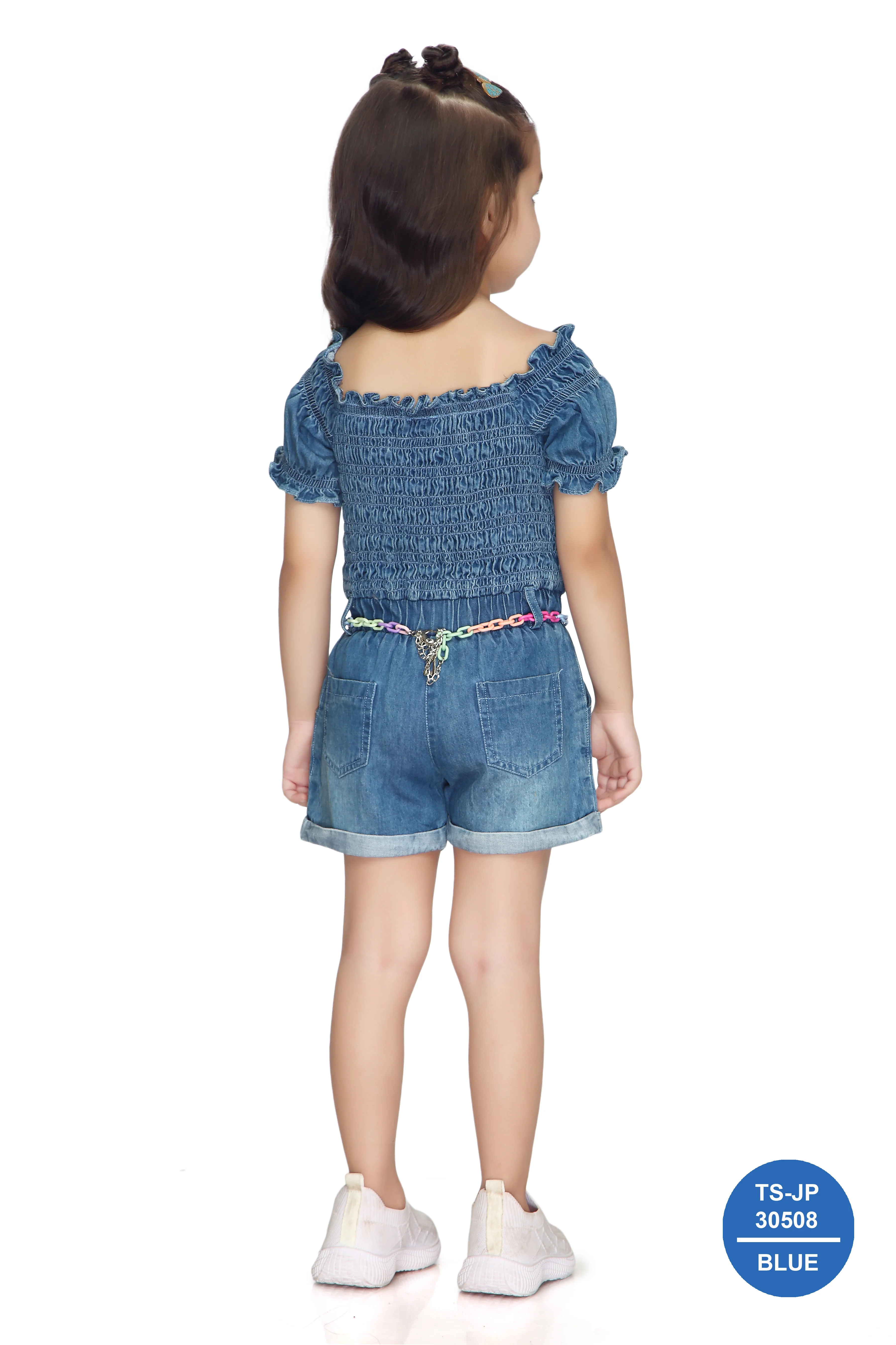 Denim Smocked Soild Playsuit Detailed with Heart TSJP30508 - Image 6