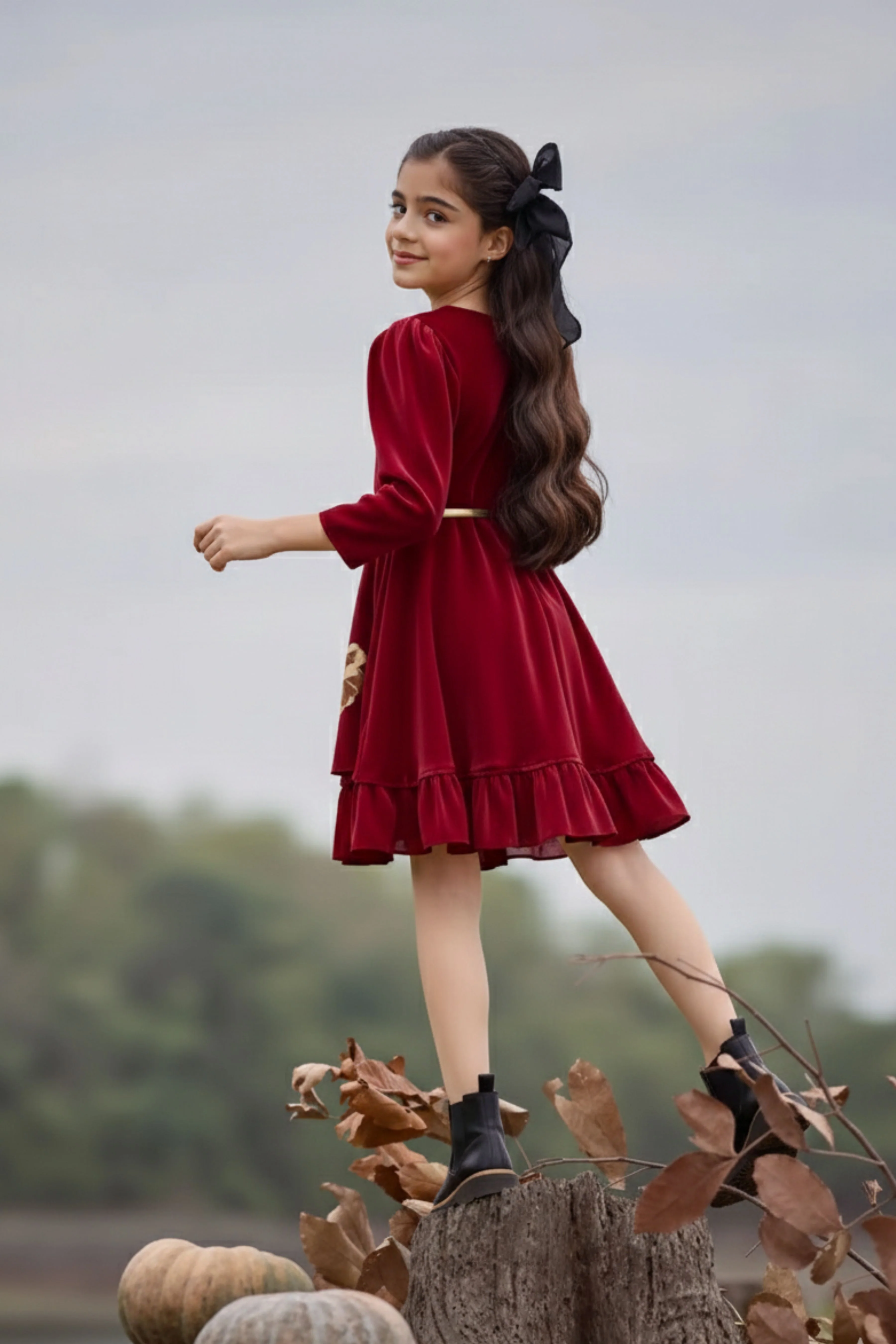 Elegant Maroon Floral Party Dress F641 - Image 2