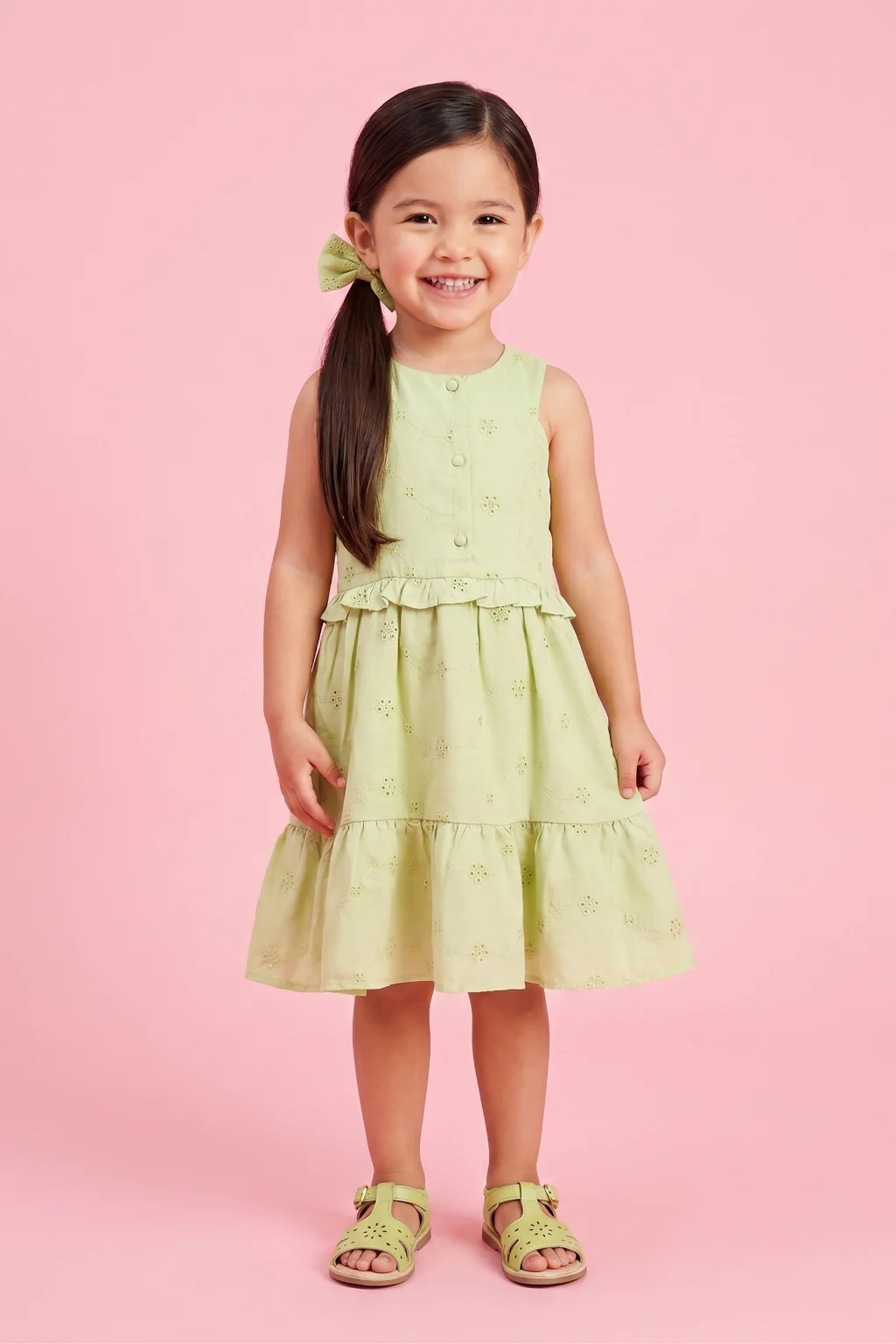 Embroidered Pista Green Tiered Dress TSM30634