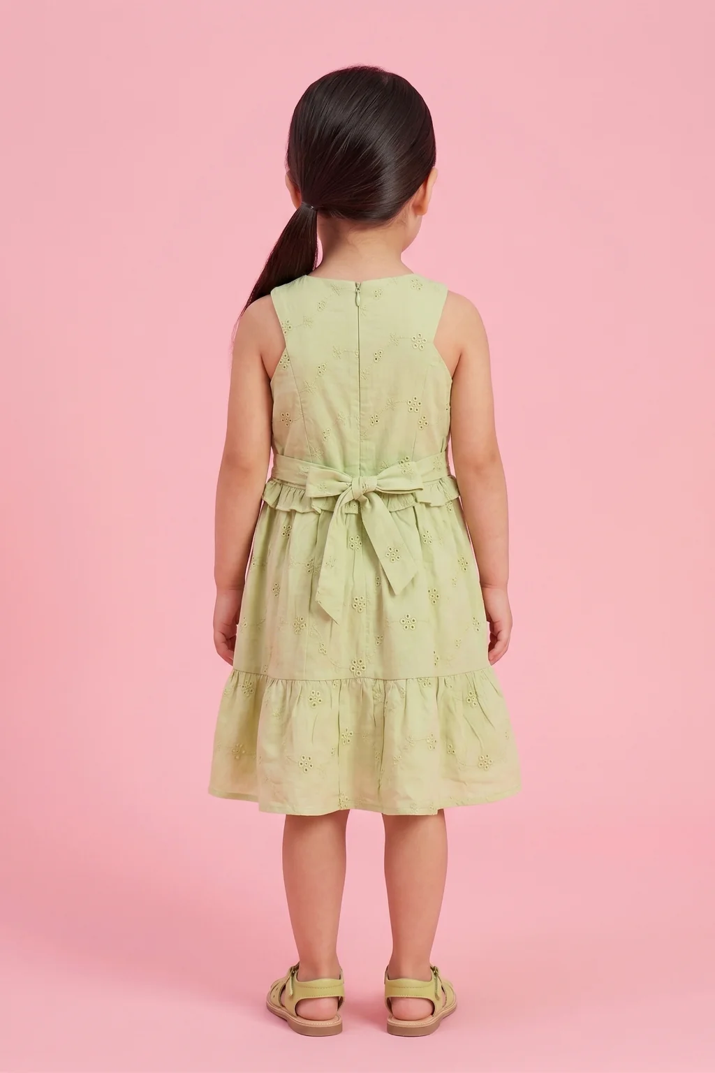 Embroidered Pista Green Tiered Dress TSM30634 - Image 2