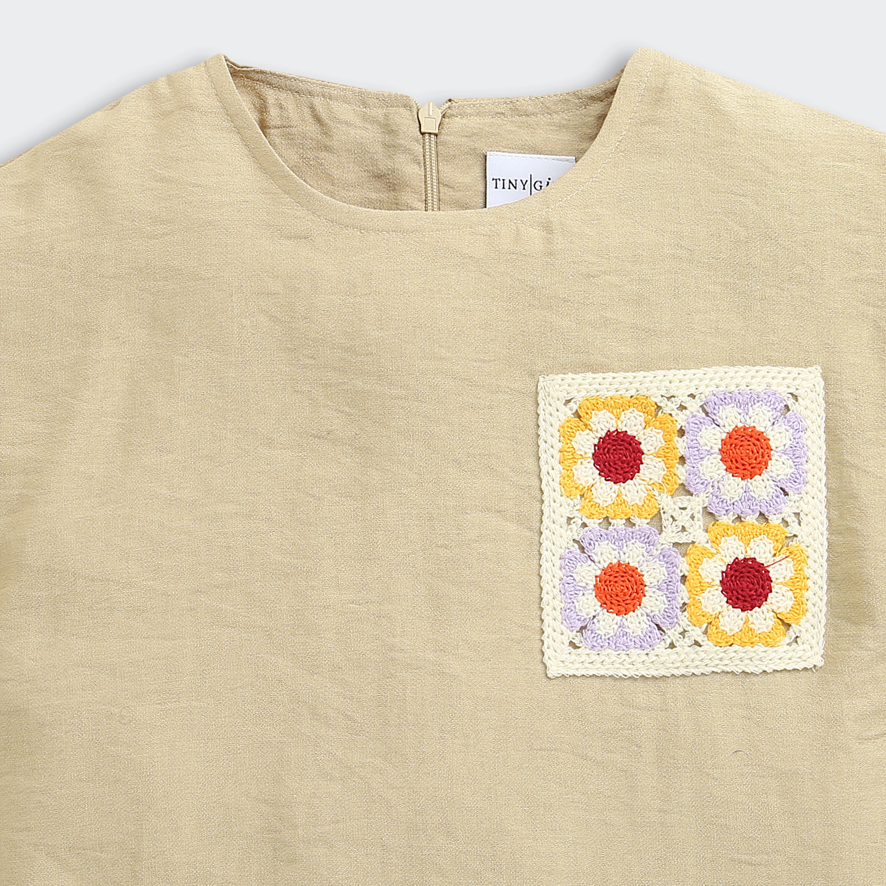 Fawn Cotton Top with Crochet Floral Patch Pocket TG6394 - Image 7