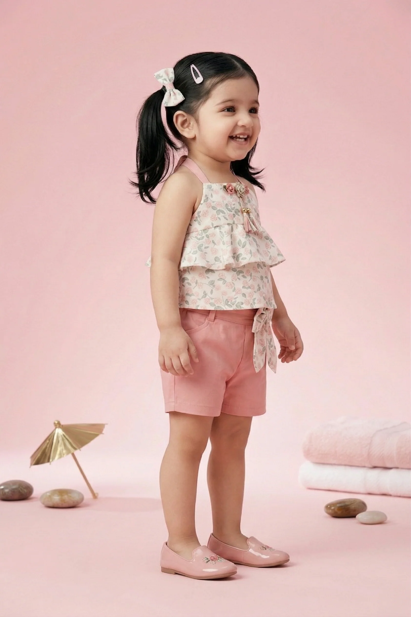 Floral Layered Top & Pink Shorts Co-ord Set TSSET40262 - Image 4