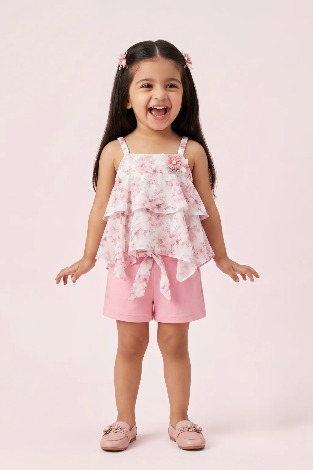 Floral Layered Top & Pink Shorts Set TSISET068