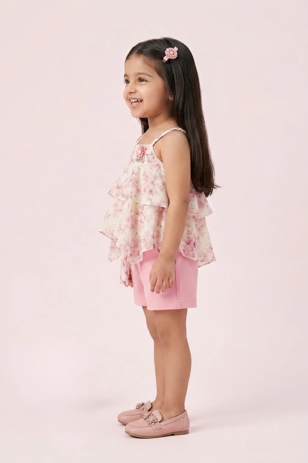 Floral Layered Top & Pink Shorts Set TSISET068 - Image 3