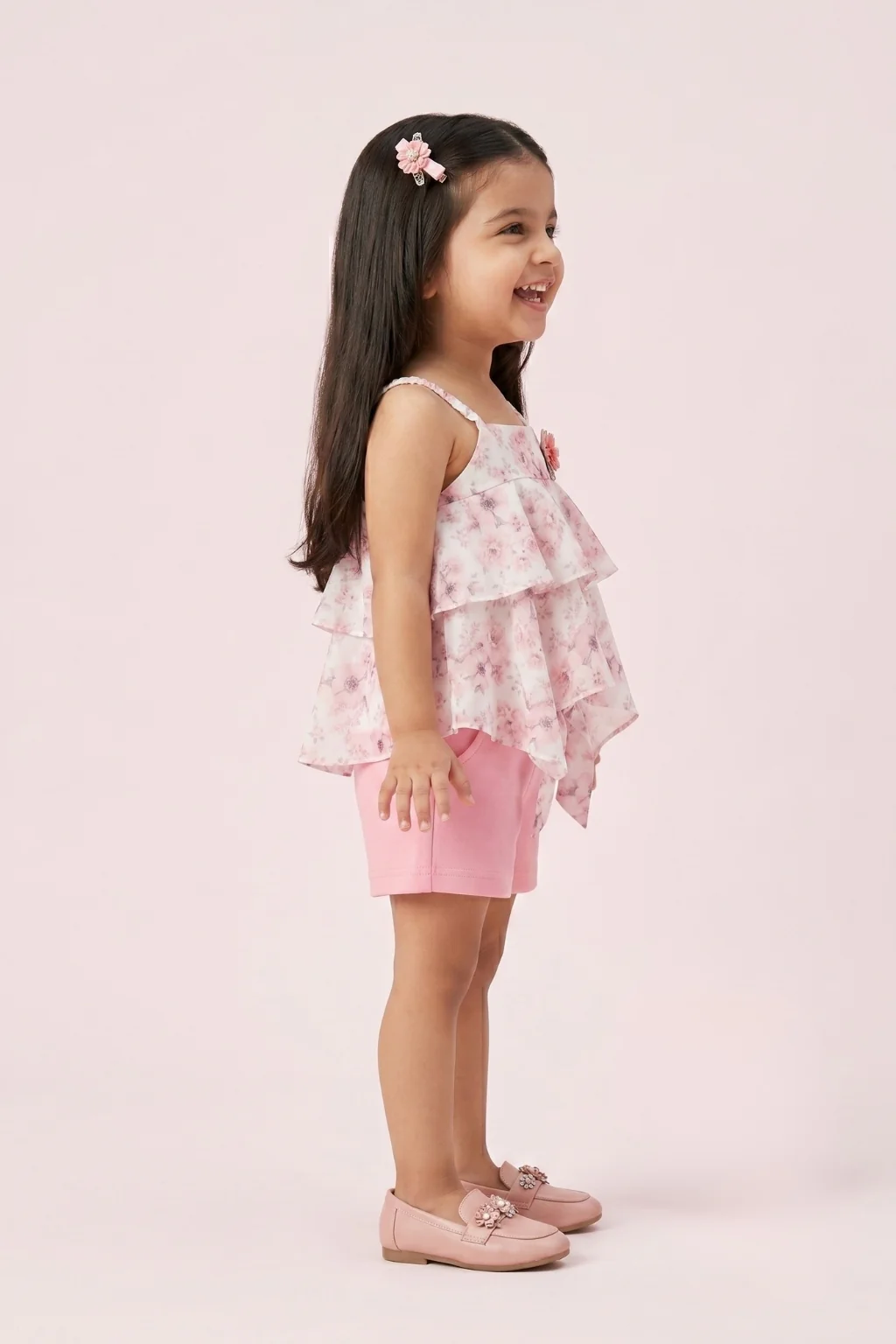 Floral Layered Top & Pink Shorts Set TSISET068 - Image 4