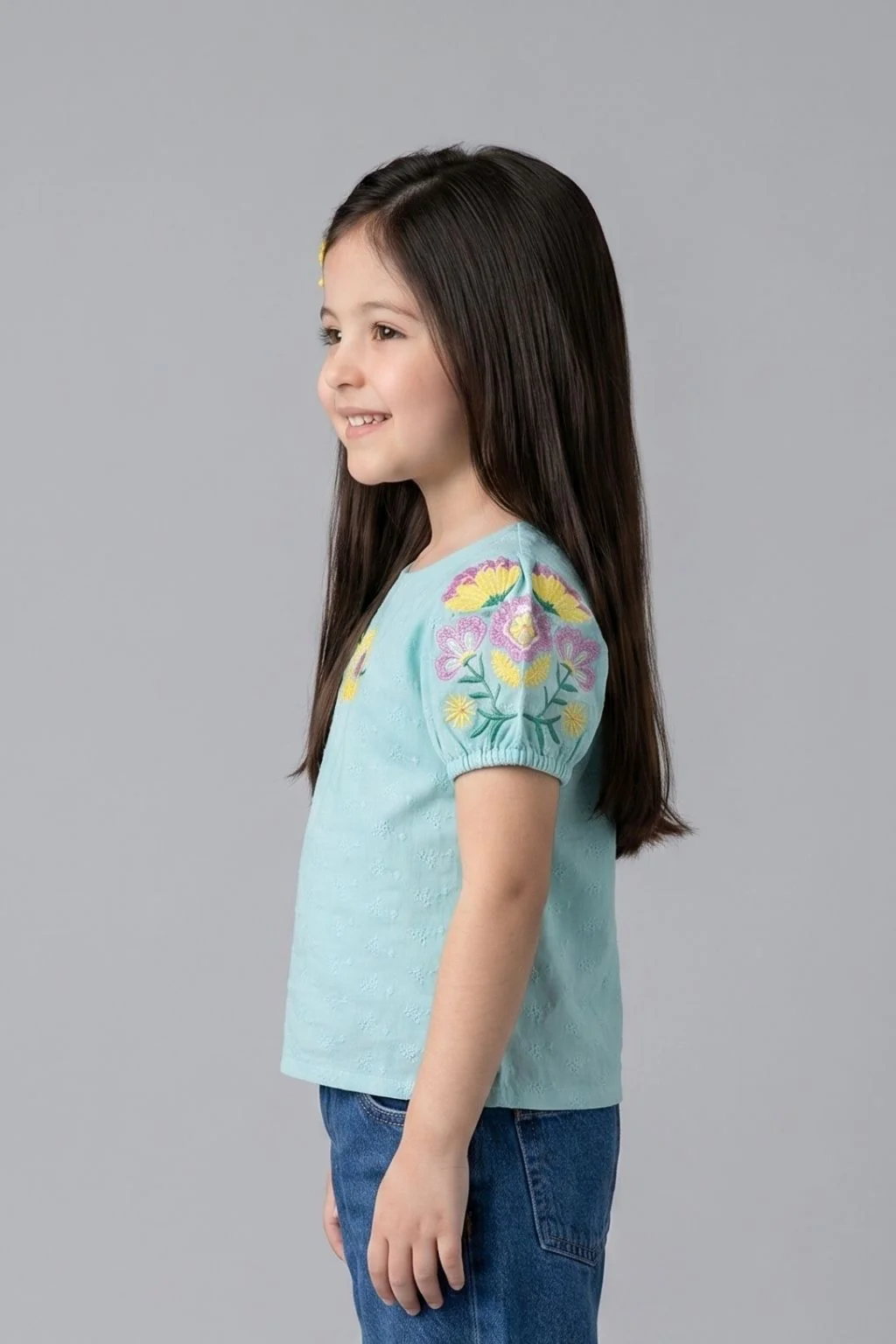 Floral Puff Teal Embroidered Top TG6356 - Image 4
