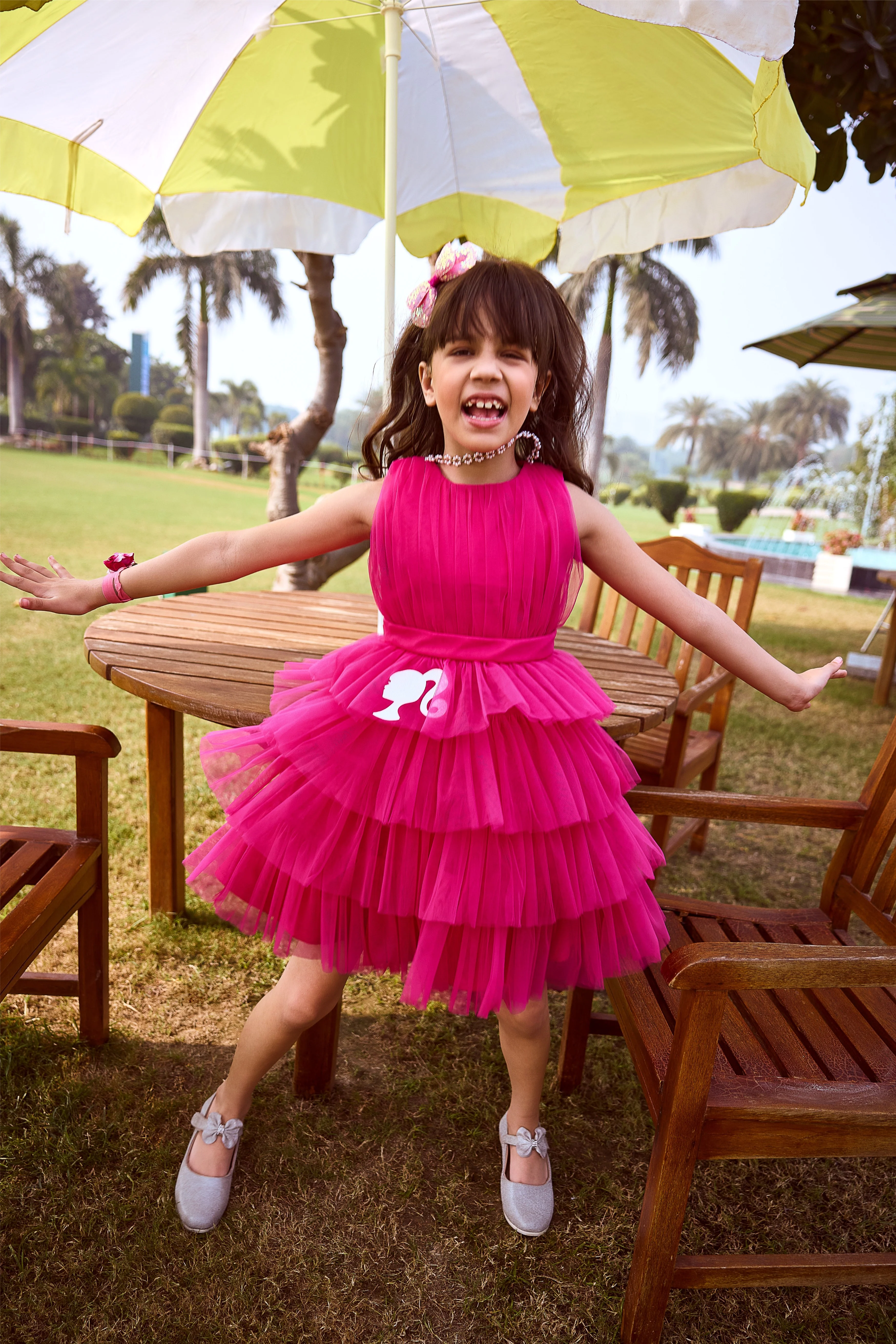 Girls Barbie Pink Tiered Tulle Dress BAF245