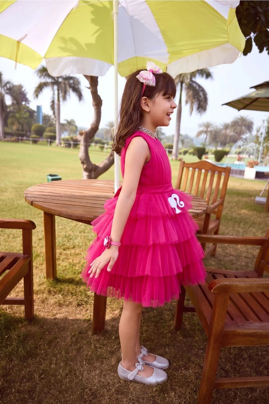 Girls Barbie Pink Tiered Tulle Dress BAF245 - Image 3