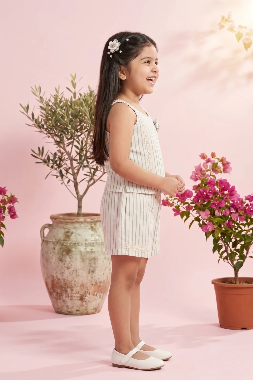 Girls Beige Stripe Top & Shorts Set 3119 - Image 3