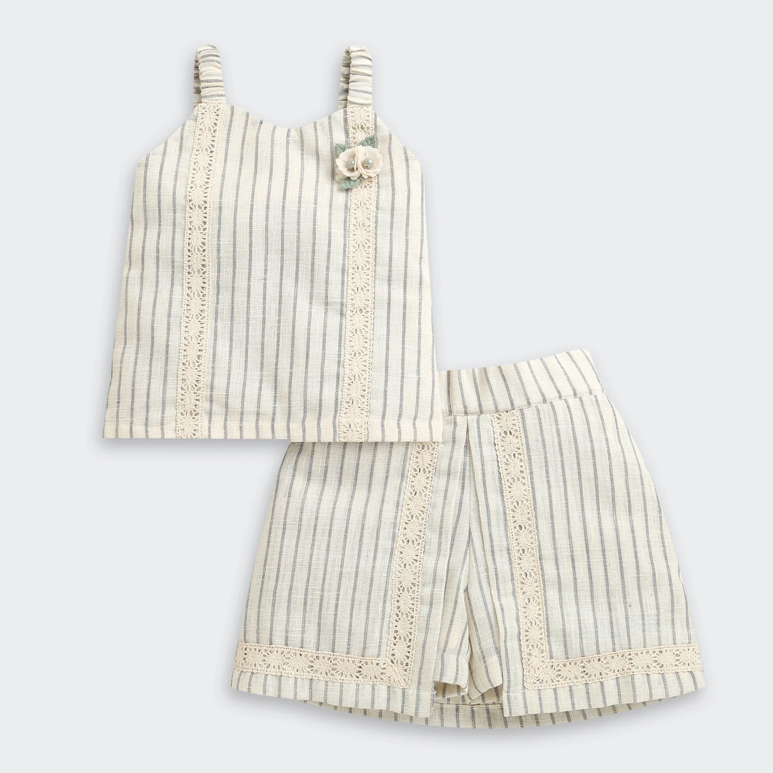 Girls Beige Stripe Top & Shorts Set 3119 - Image 6