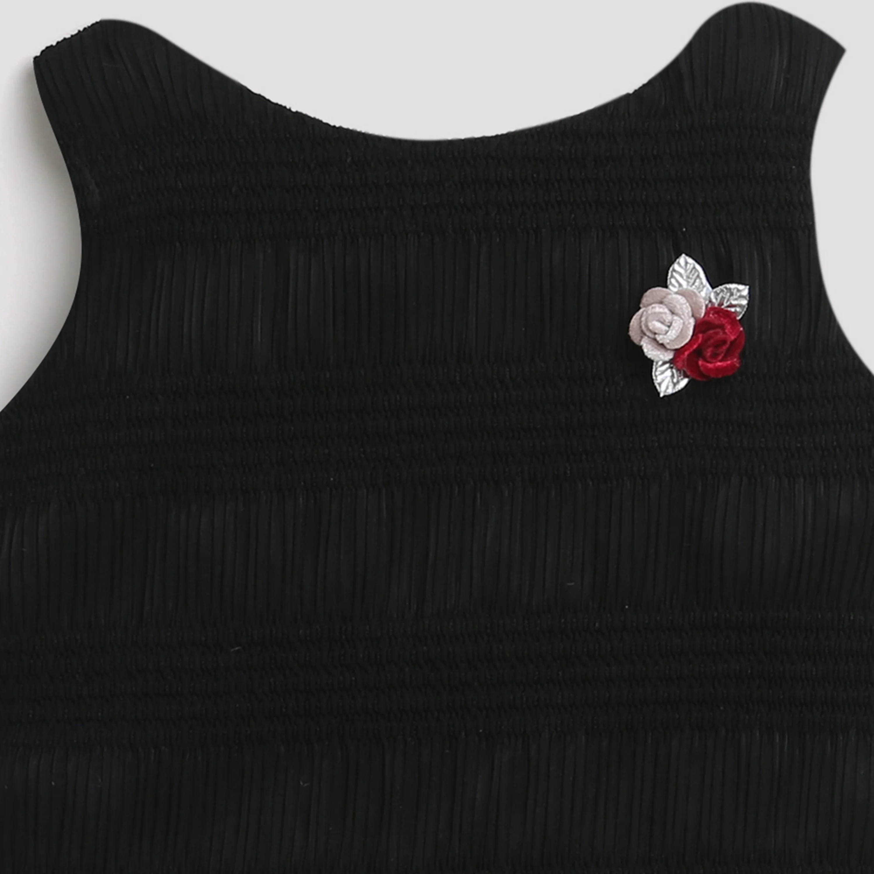 Girls Black Ribbed Floral Appliqué Top TG5060 - Image 7