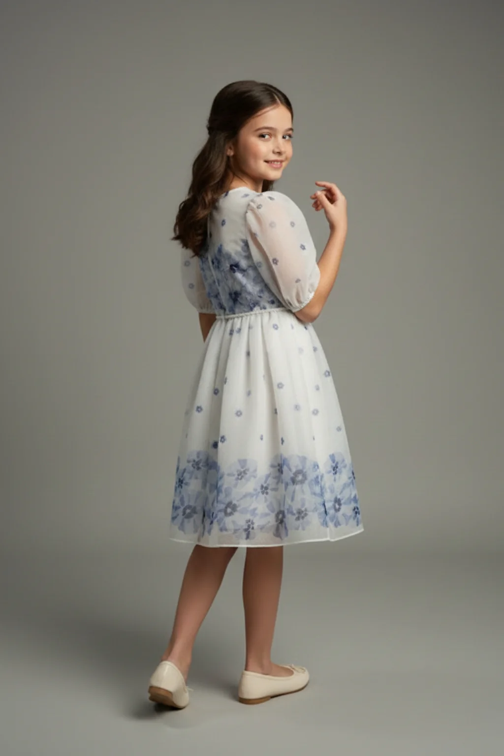 Girls Blue Floral Mesh Dress M2575 - Image 2