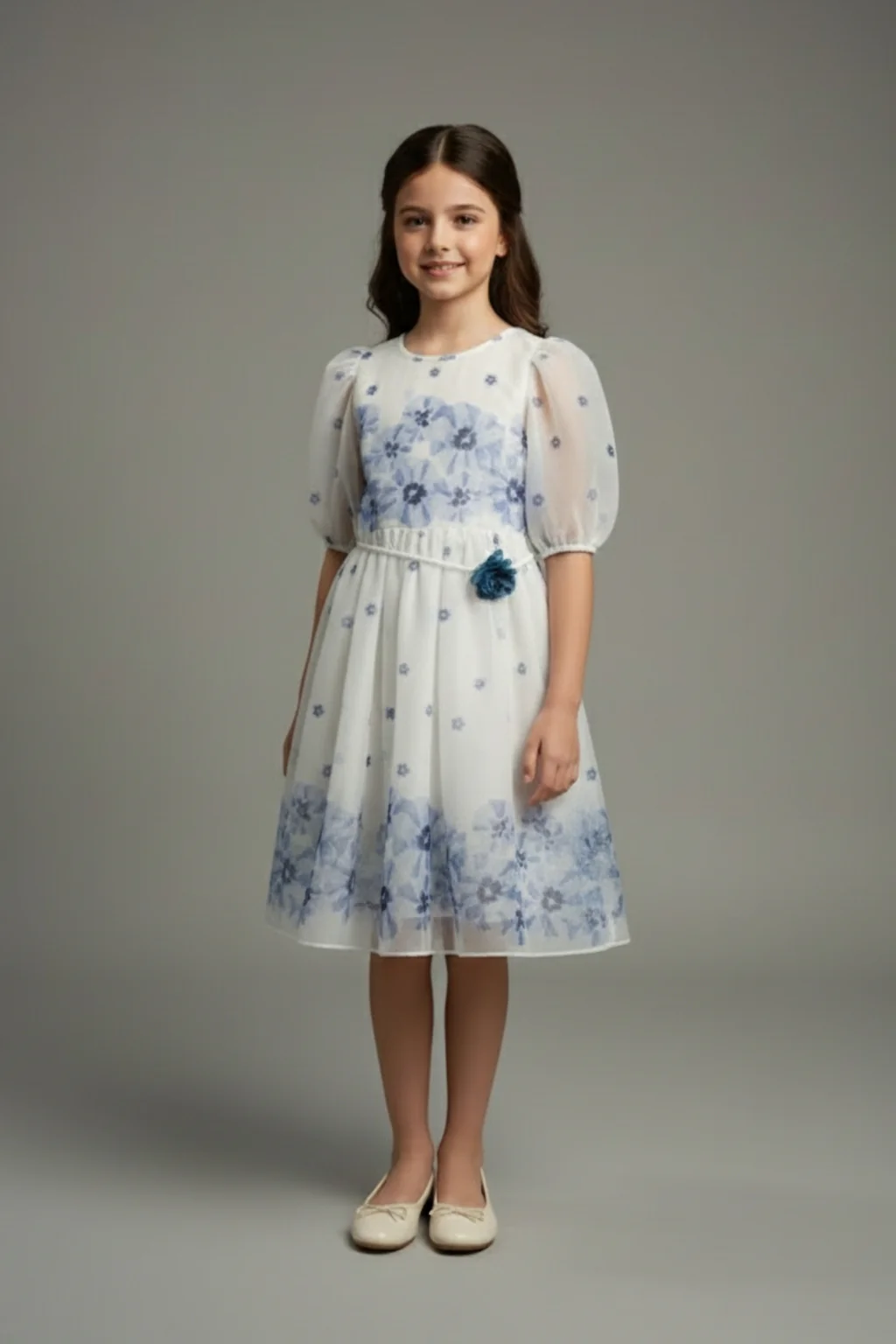 Girls Blue Floral Mesh Dress M2575 - Image 3