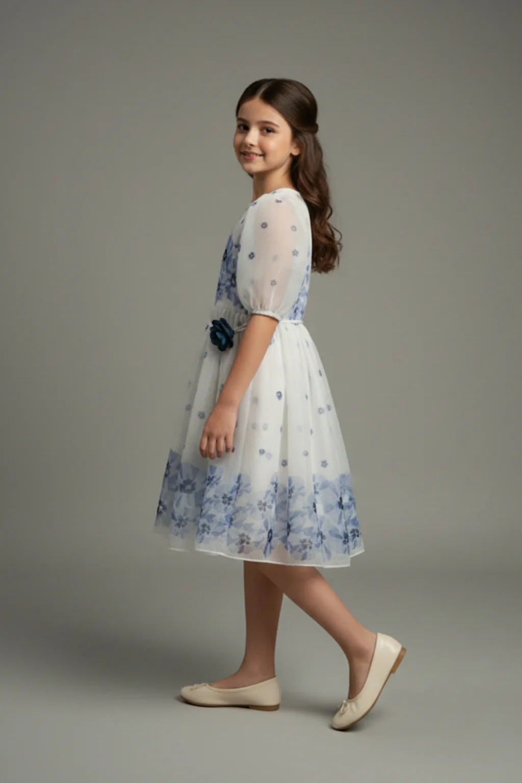 Girls Blue Floral Mesh Dress M2575 - Image 4