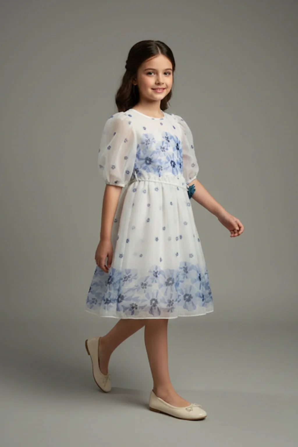 Girls Blue Floral Mesh Dress M2575 - Image 5
