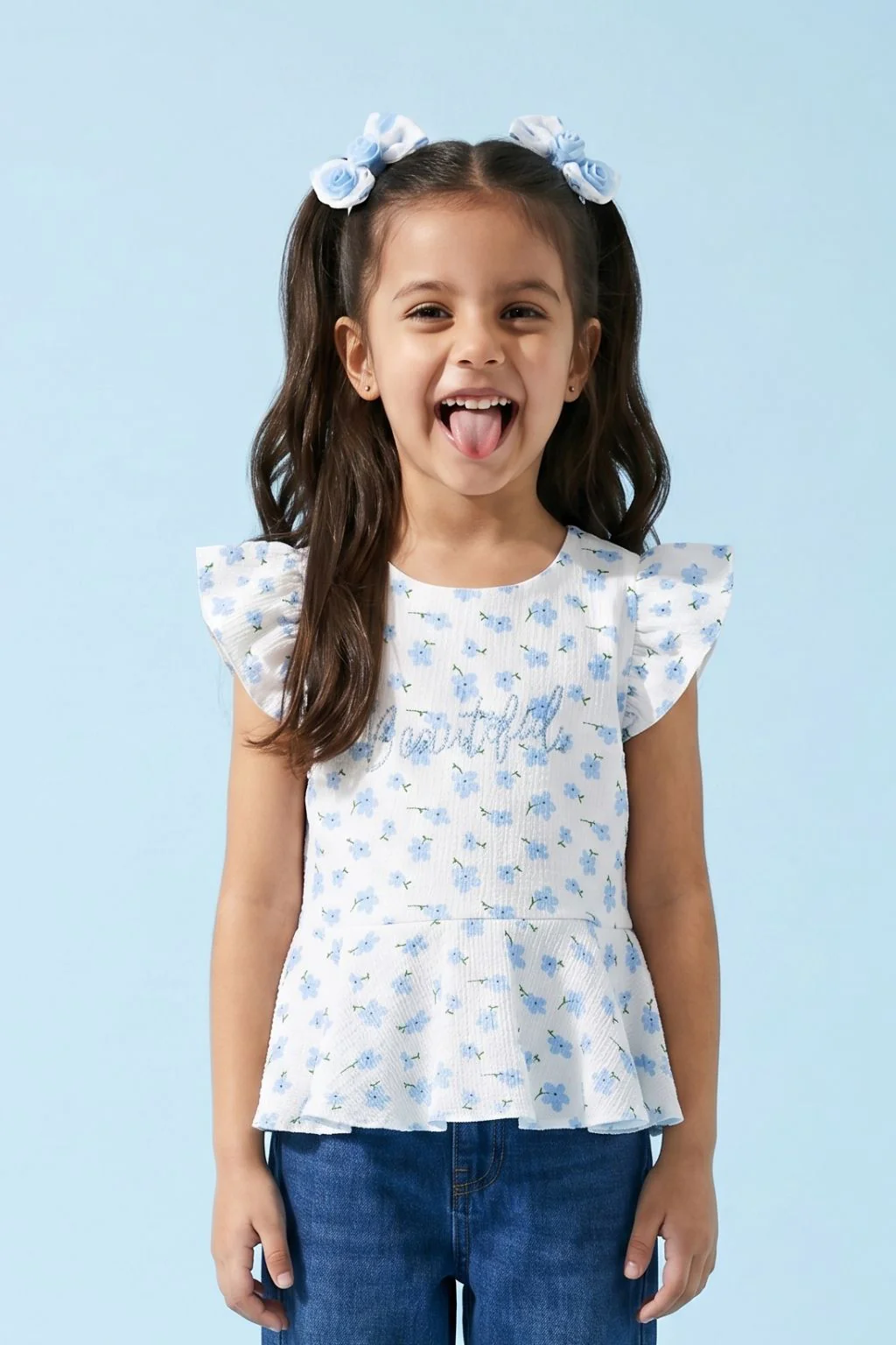Girls Blue Floral Printed Peplum Top with Ruffle Sleeves TG6358