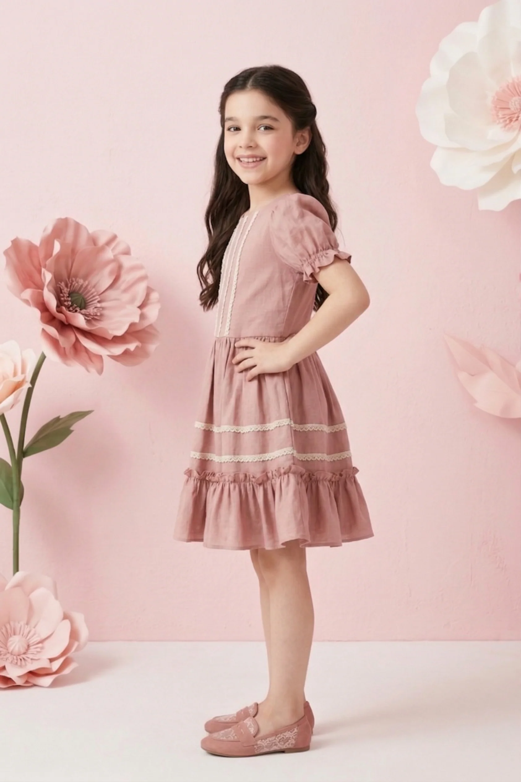 Girls Dusty Pink Lace Trim Dress M2440 - Image 3