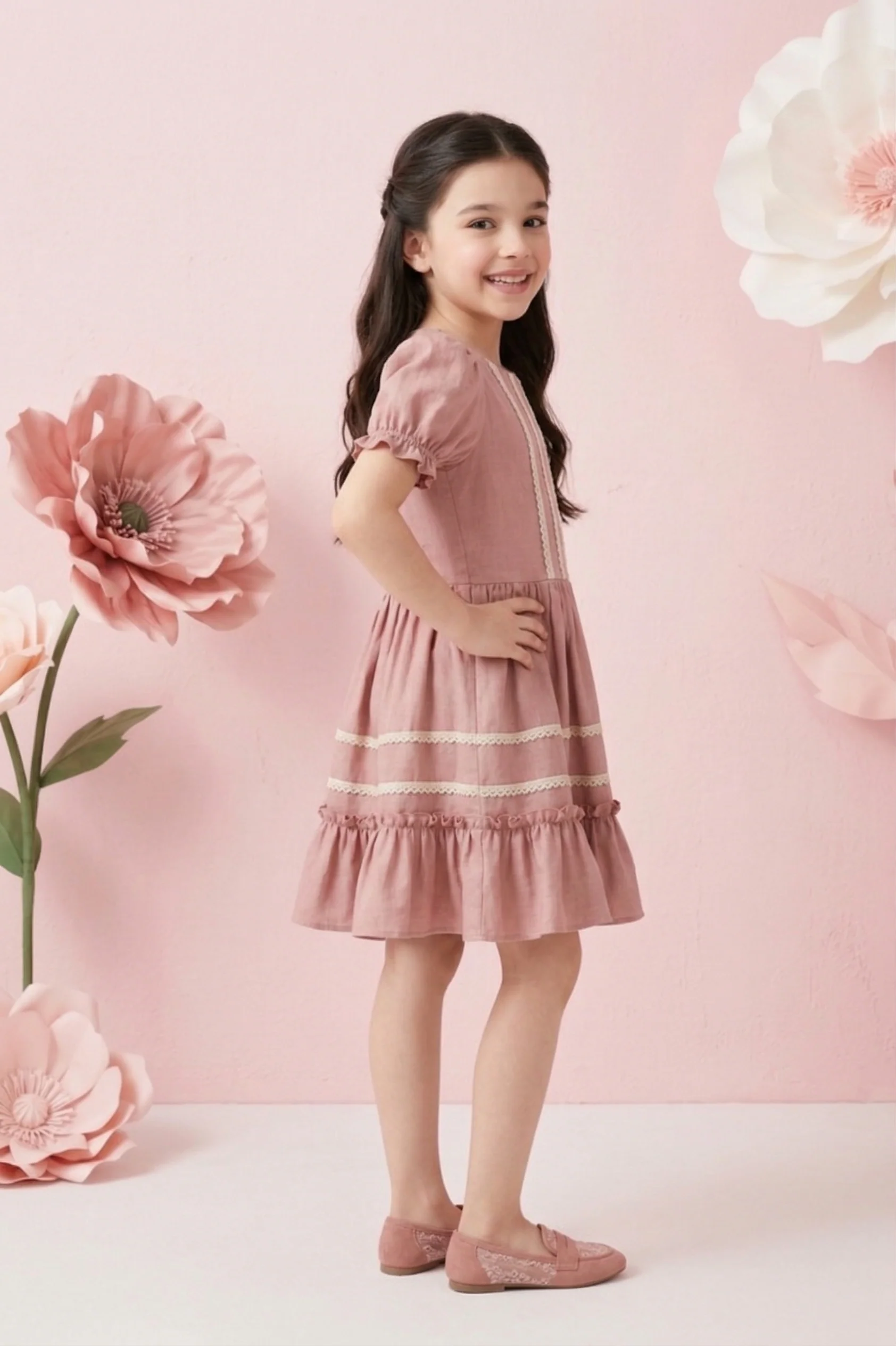 Girls Dusty Pink Lace Trim Dress M2440 - Image 4