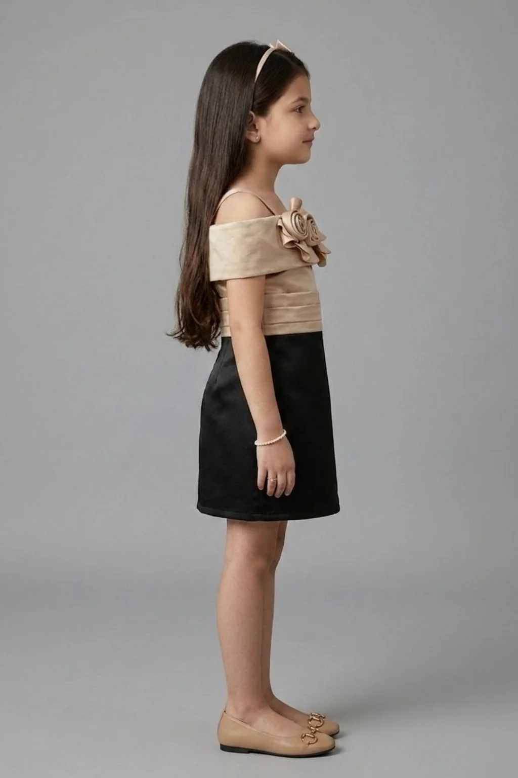 Girls Fawn & Black Floral Rosette Off-Shoulder Party Dress M2561 - Image 4