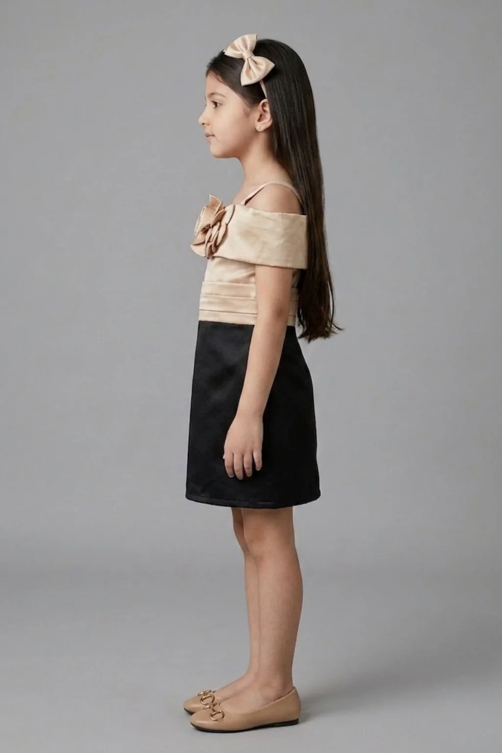 Girls Fawn & Black Floral Rosette Off-Shoulder Party Dress M2561 - Image 5