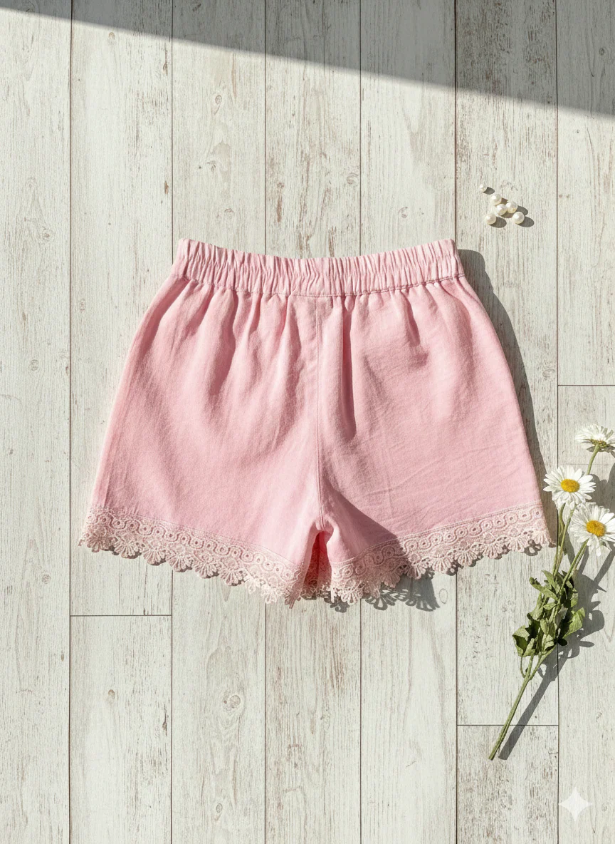 Girls Flamingo Pink Lace Hem Shorts H1037 - Image 5