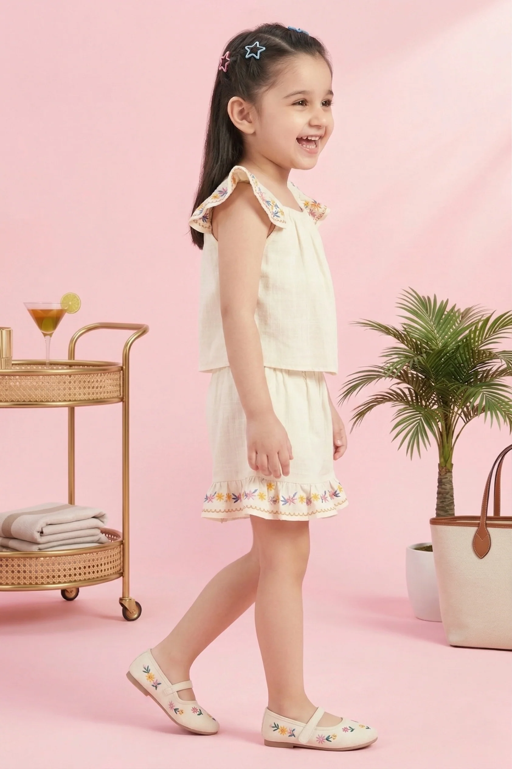 Girls Flared Sleeves Embroidered Top & Shorts Set TSSET40502 - Image 3