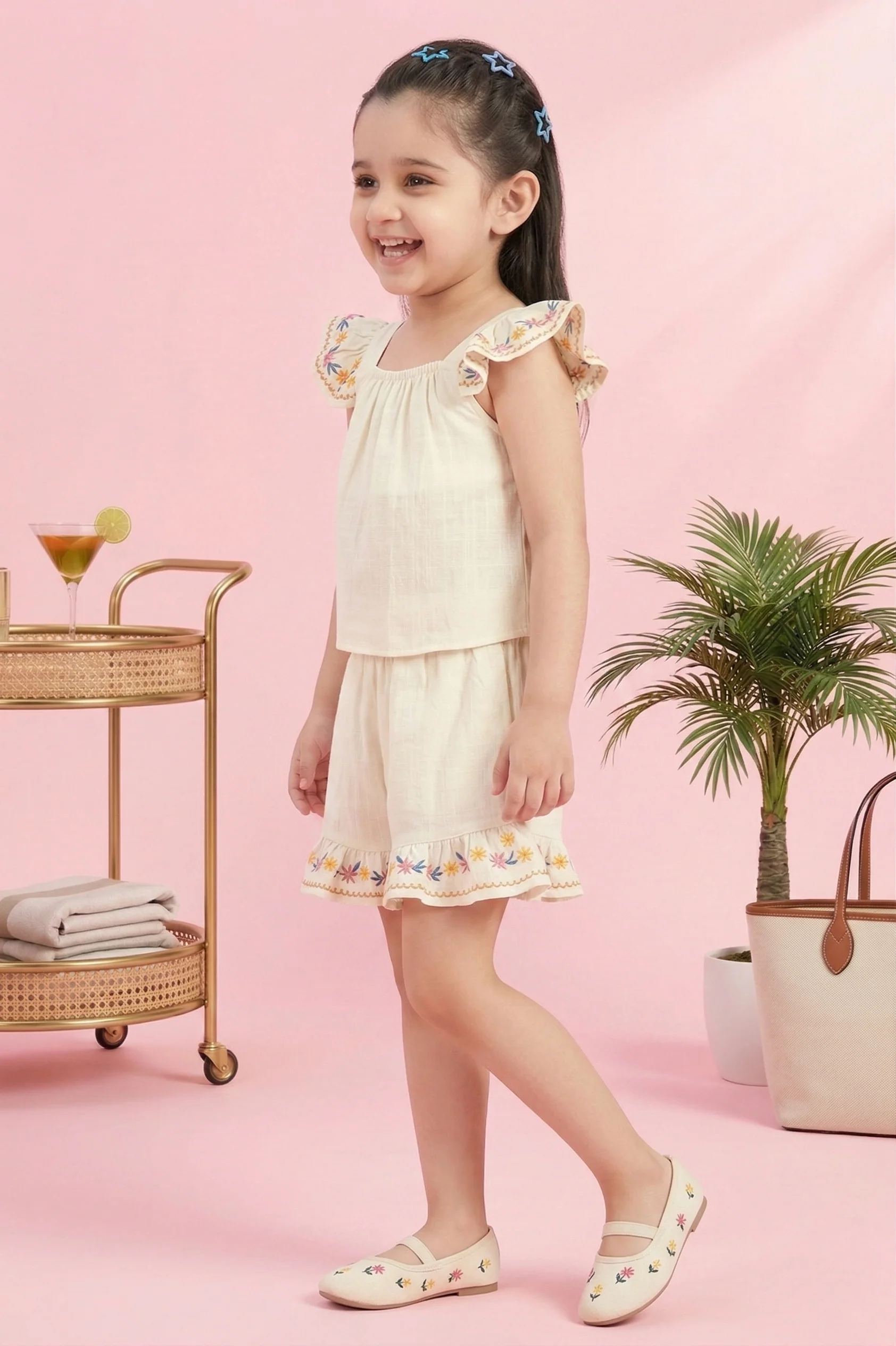 Girls Flared Sleeves Embroidered Top & Shorts Set TSSET40502 - Image 4