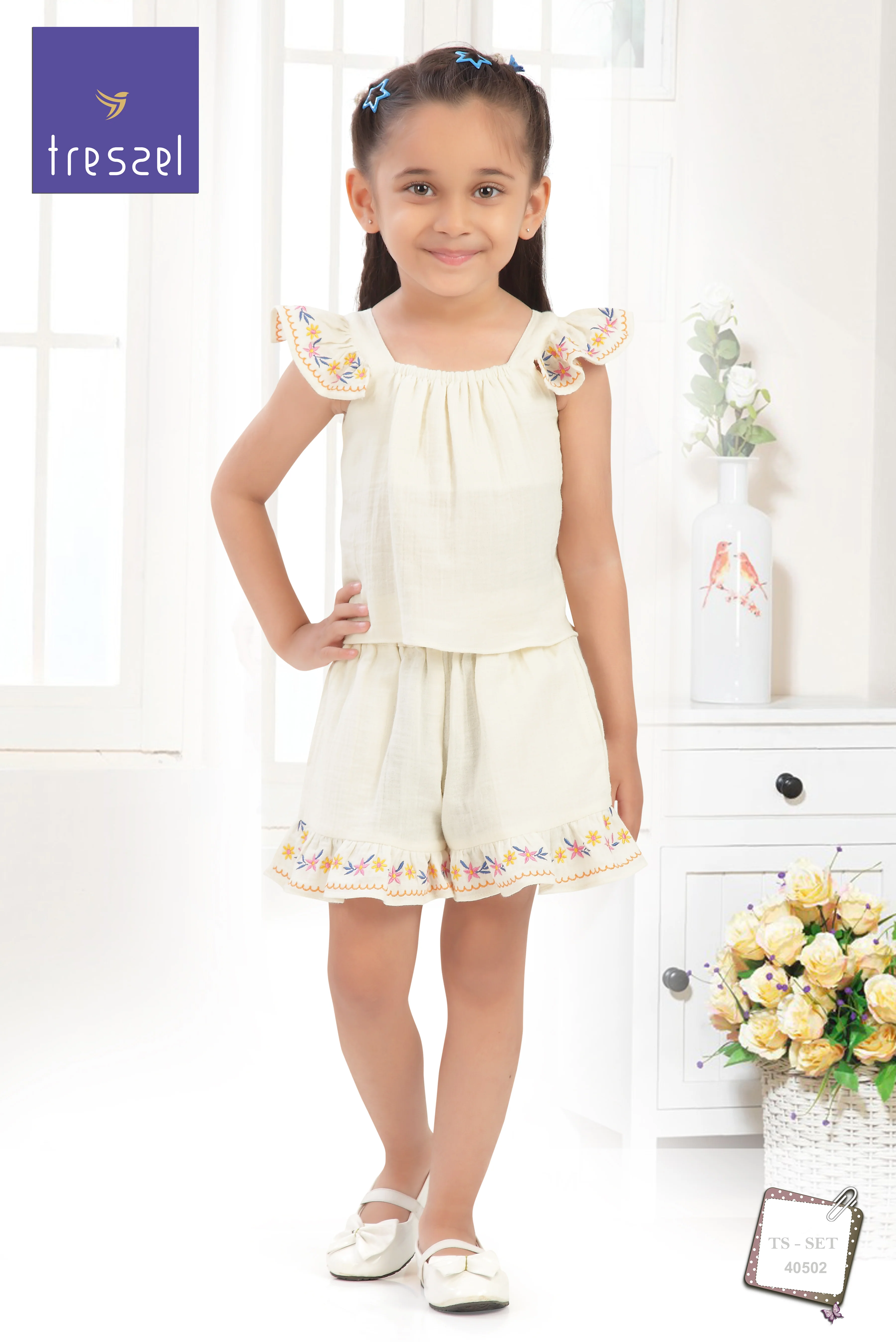 Girls Flared Sleeves Embroidered Top & Shorts Set TSSET40502 - Image 5