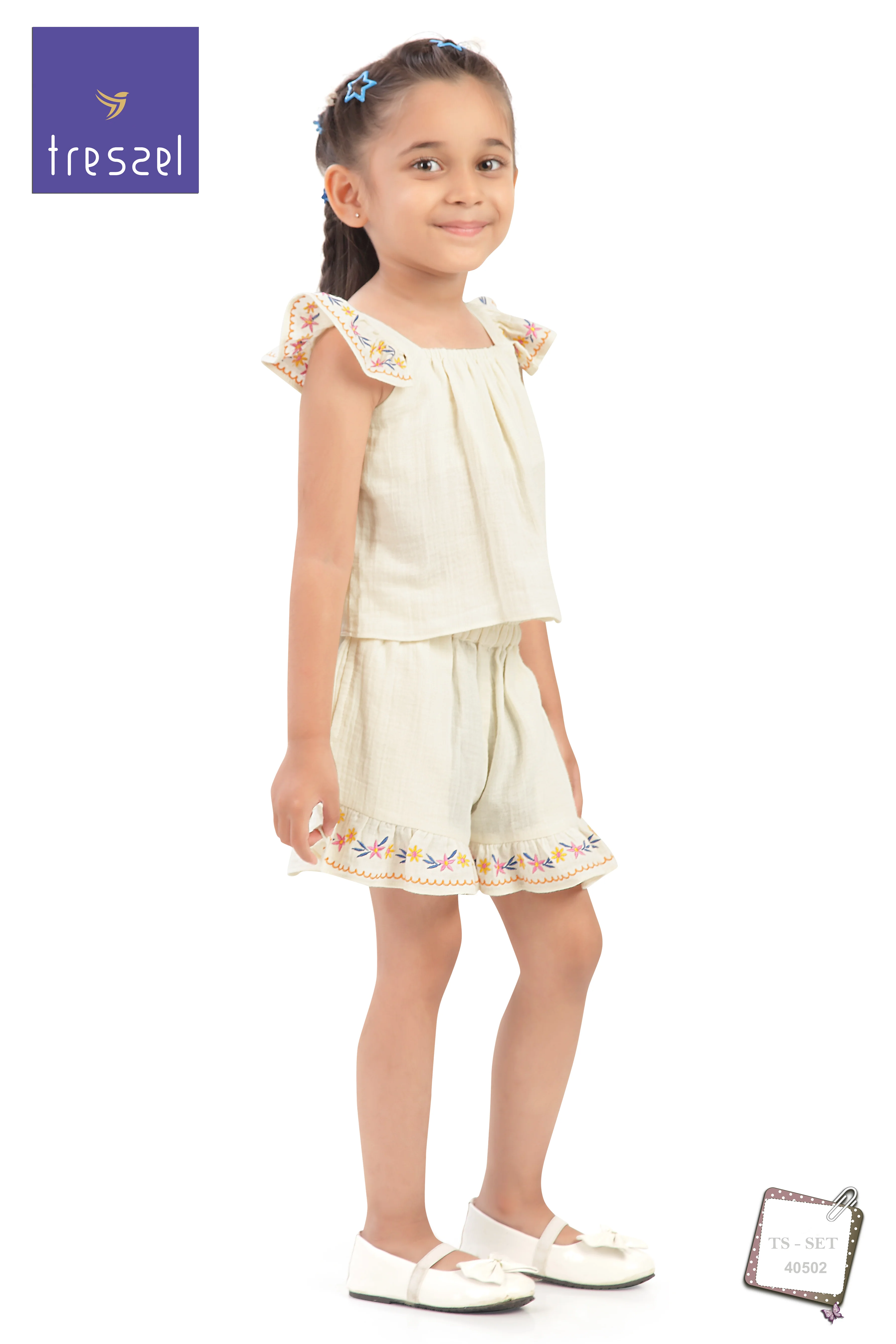 Girls Flared Sleeves Embroidered Top & Shorts Set TSSET40502 - Image 7