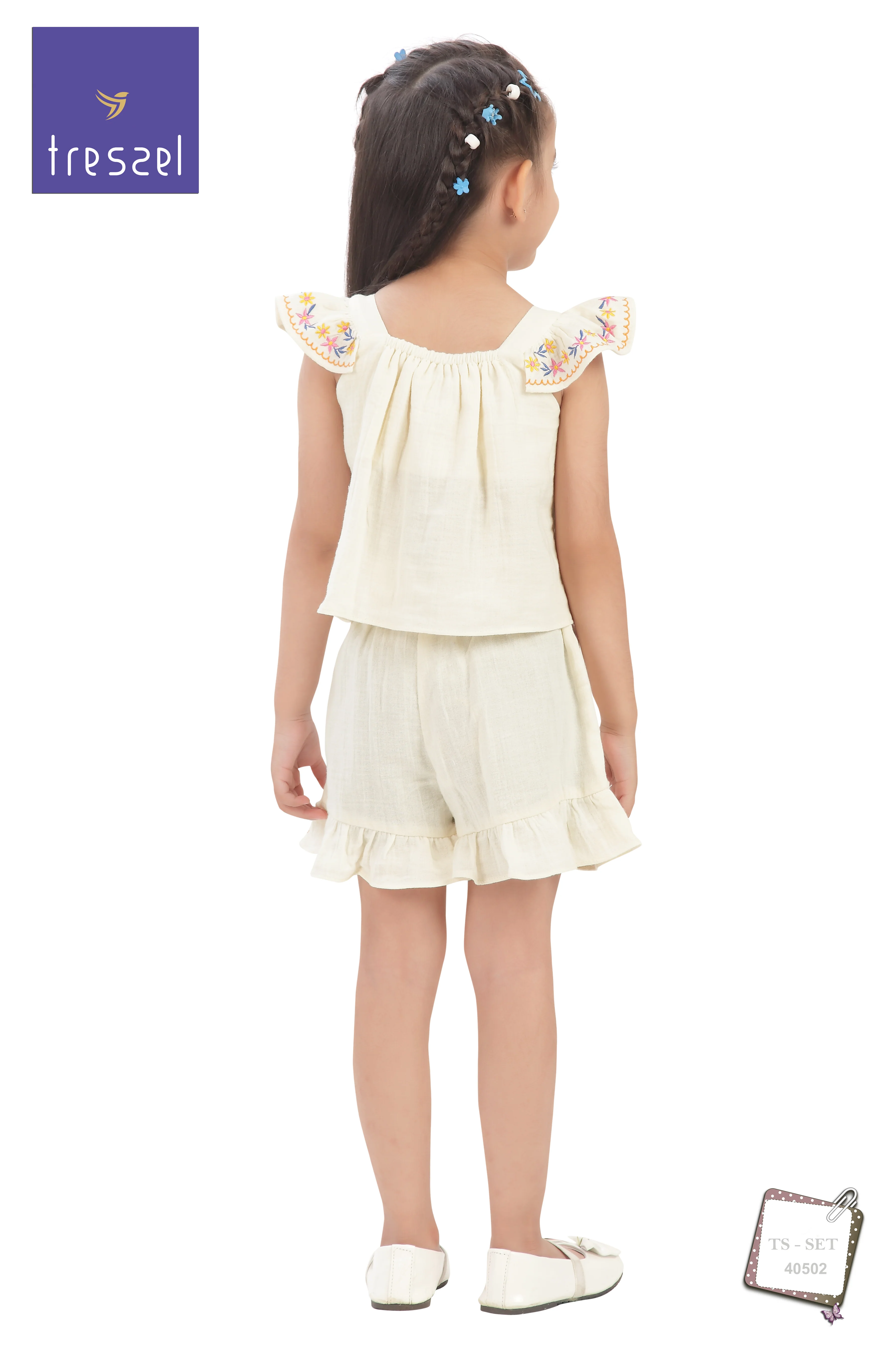 Girls Flared Sleeves Embroidered Top & Shorts Set TSSET40502 - Image 9