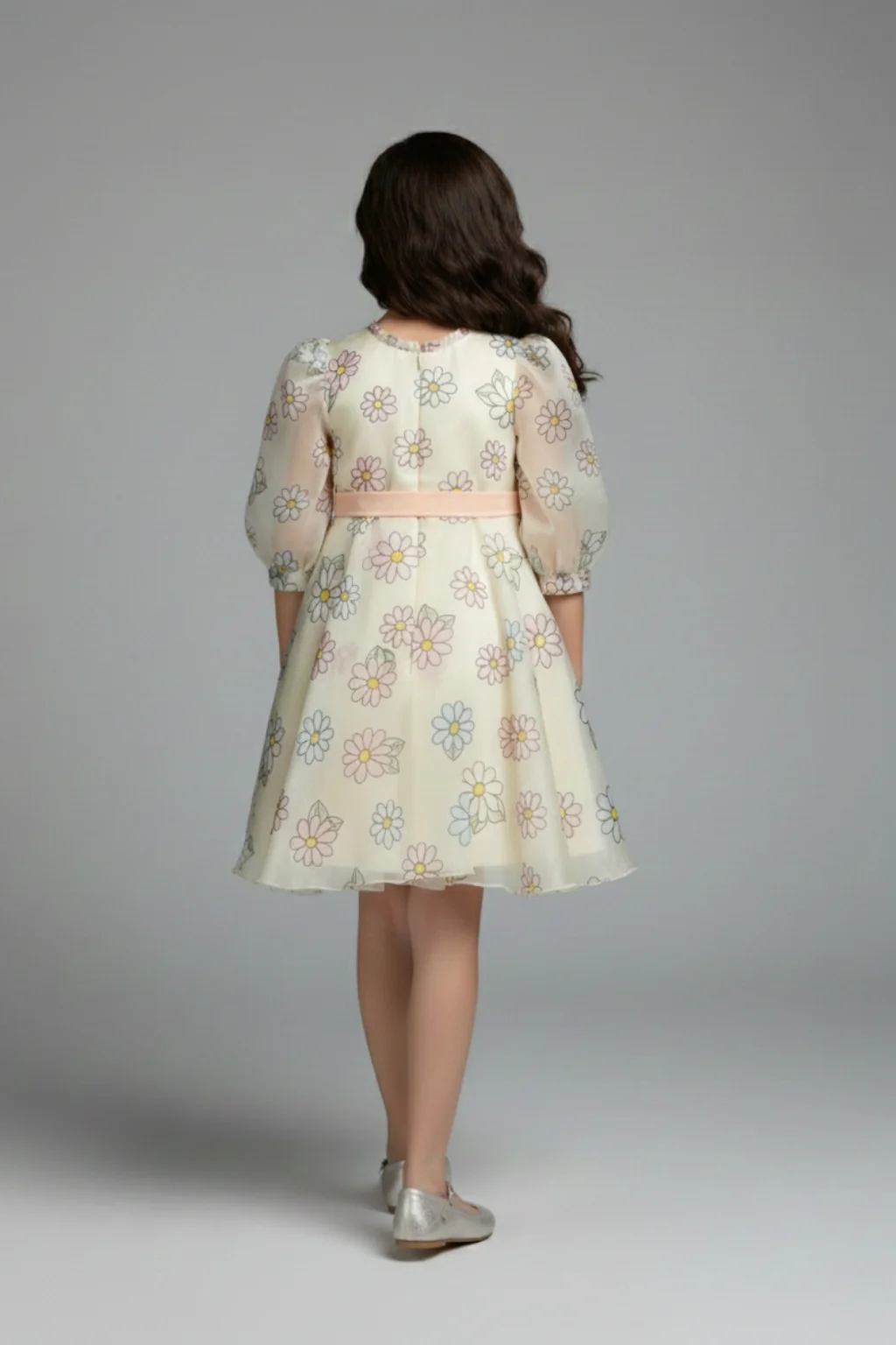 Girls Floral Organza Dress with Peach Bow F675 - Image 2