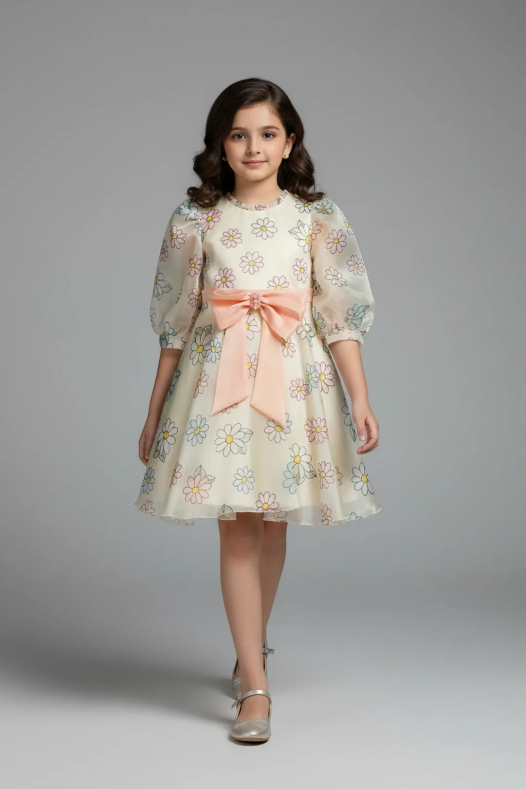 Girls Floral Organza Dress with Peach Bow F675 - Image 3
