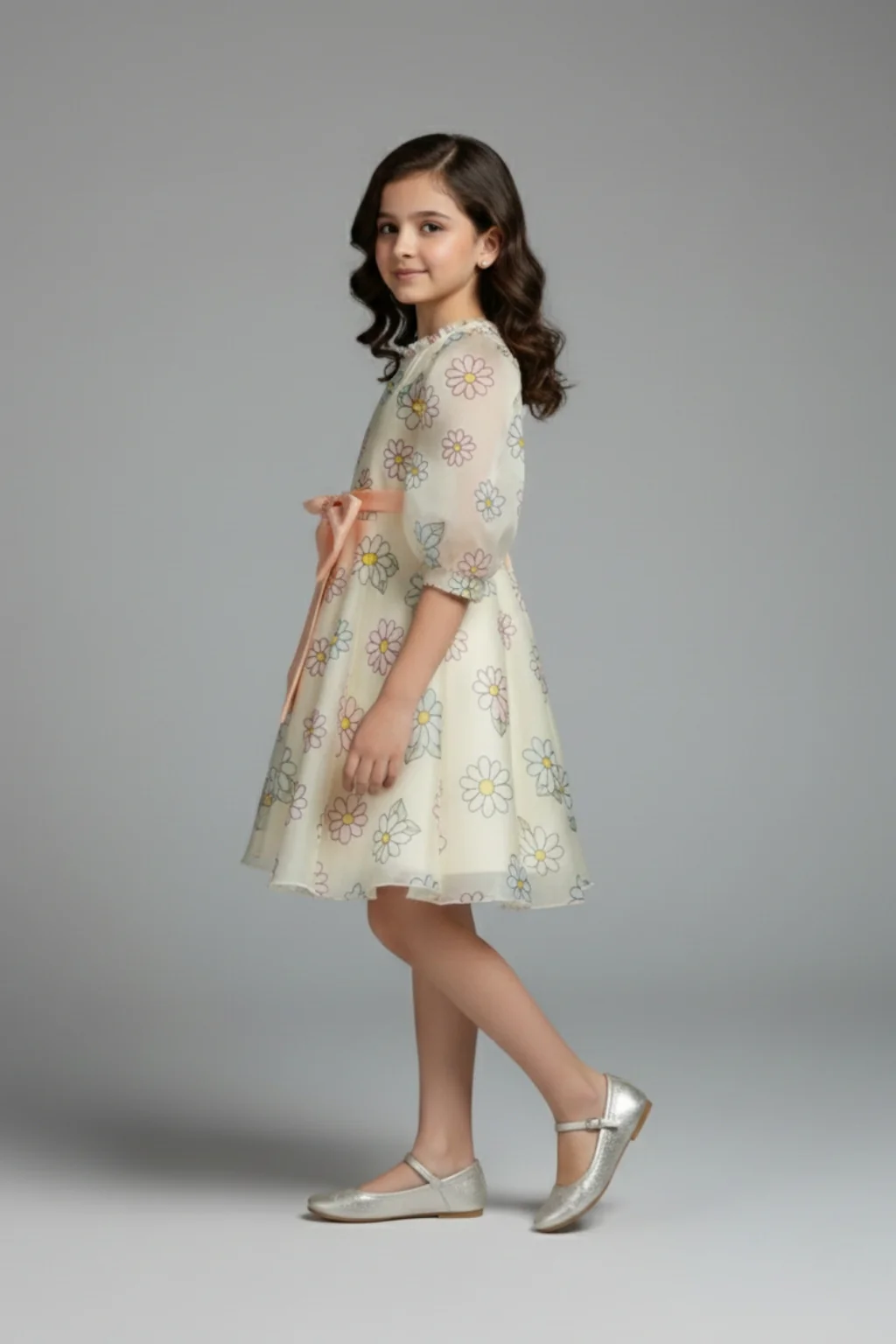 Girls Floral Organza Dress with Peach Bow F675 - Image 4